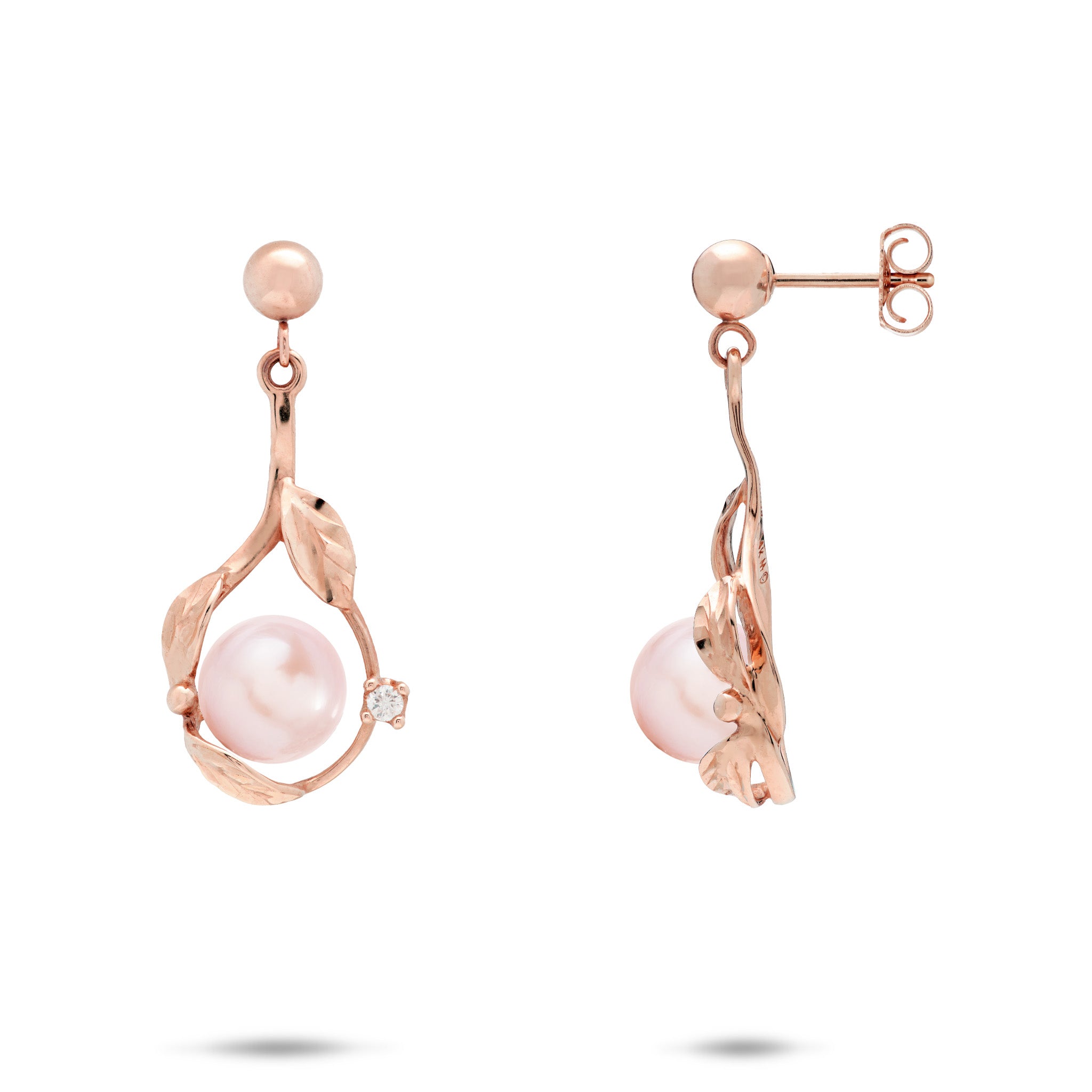Diamond-cut Maile Leaf Teardrop Ball Post Earrings in 14k Rose Gold with Diamond Accents and Lavender Freshwater Pearls on a white background