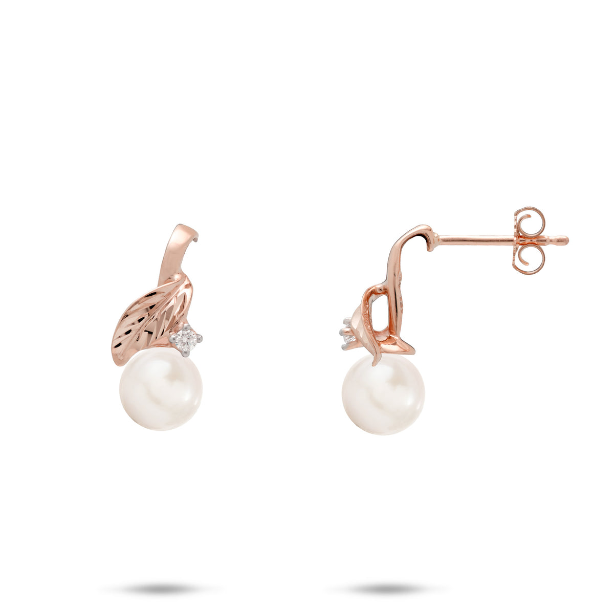 A pair of 14k rose gold diamond-cut maile lef stud earrings with a single diamond accent and white freshwater pearl, shown with a front and side view against a white background