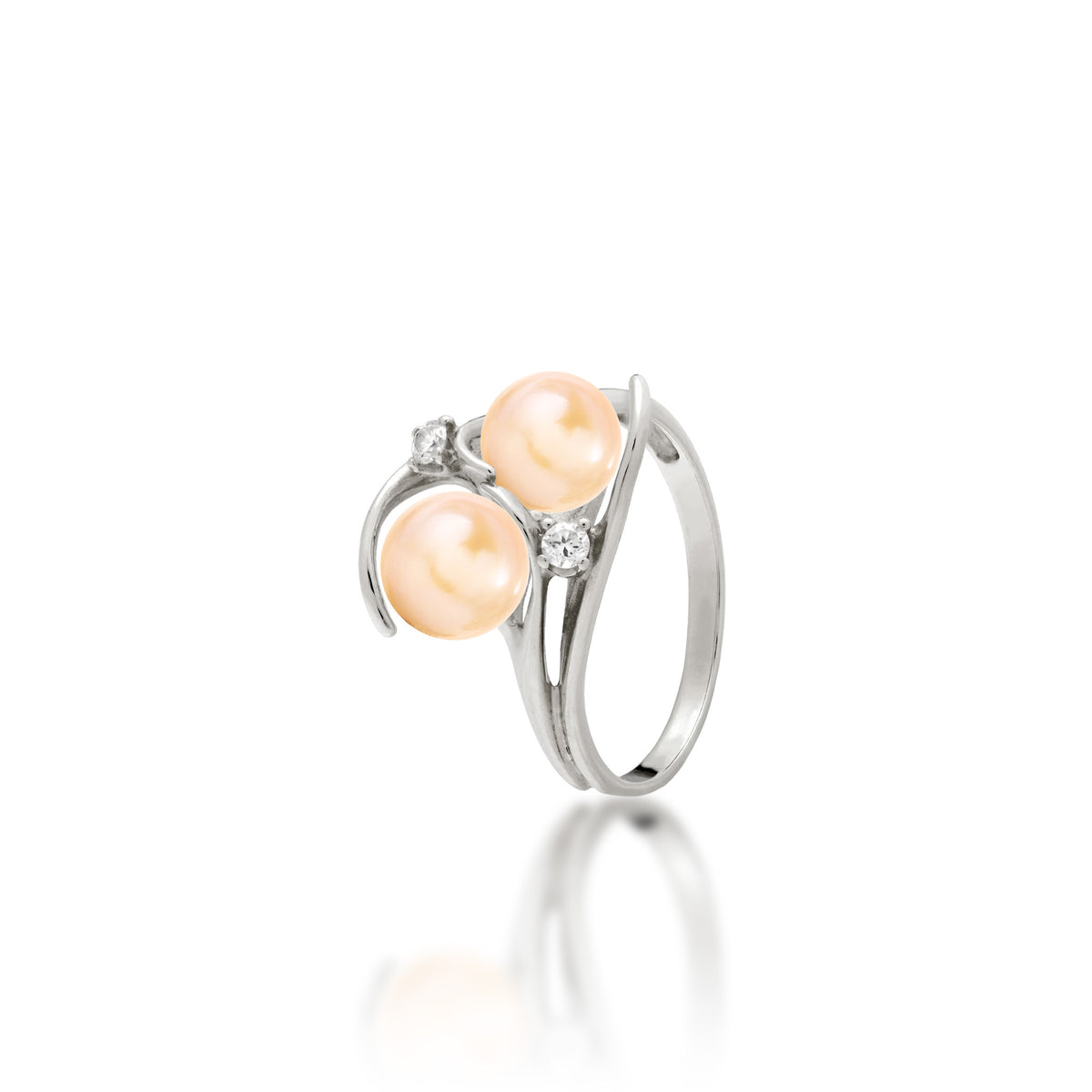 Pick A Pearl Ring in 14k White Gold with Diamonds and Double Peach Pearls on a white background