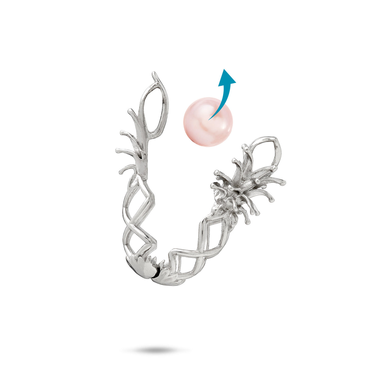 Image showing how 30mm Pick A Pearl Pineapple Cage Pendant in Sterling Silver opens to put Pink Pearl in and out, placed on a white background