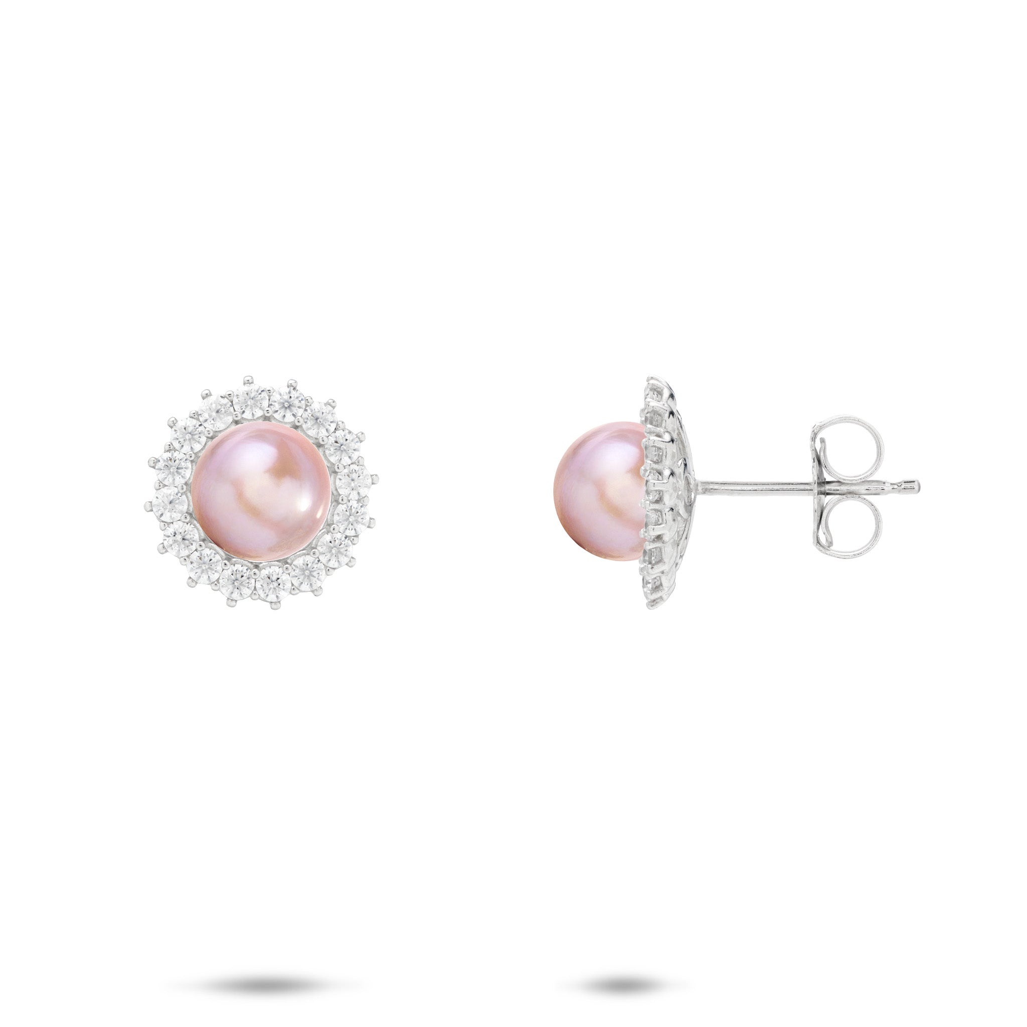Cubic Zirconia Halo Pink Freshwater Pearl Stud Earrings in Sterling Silver on a white background