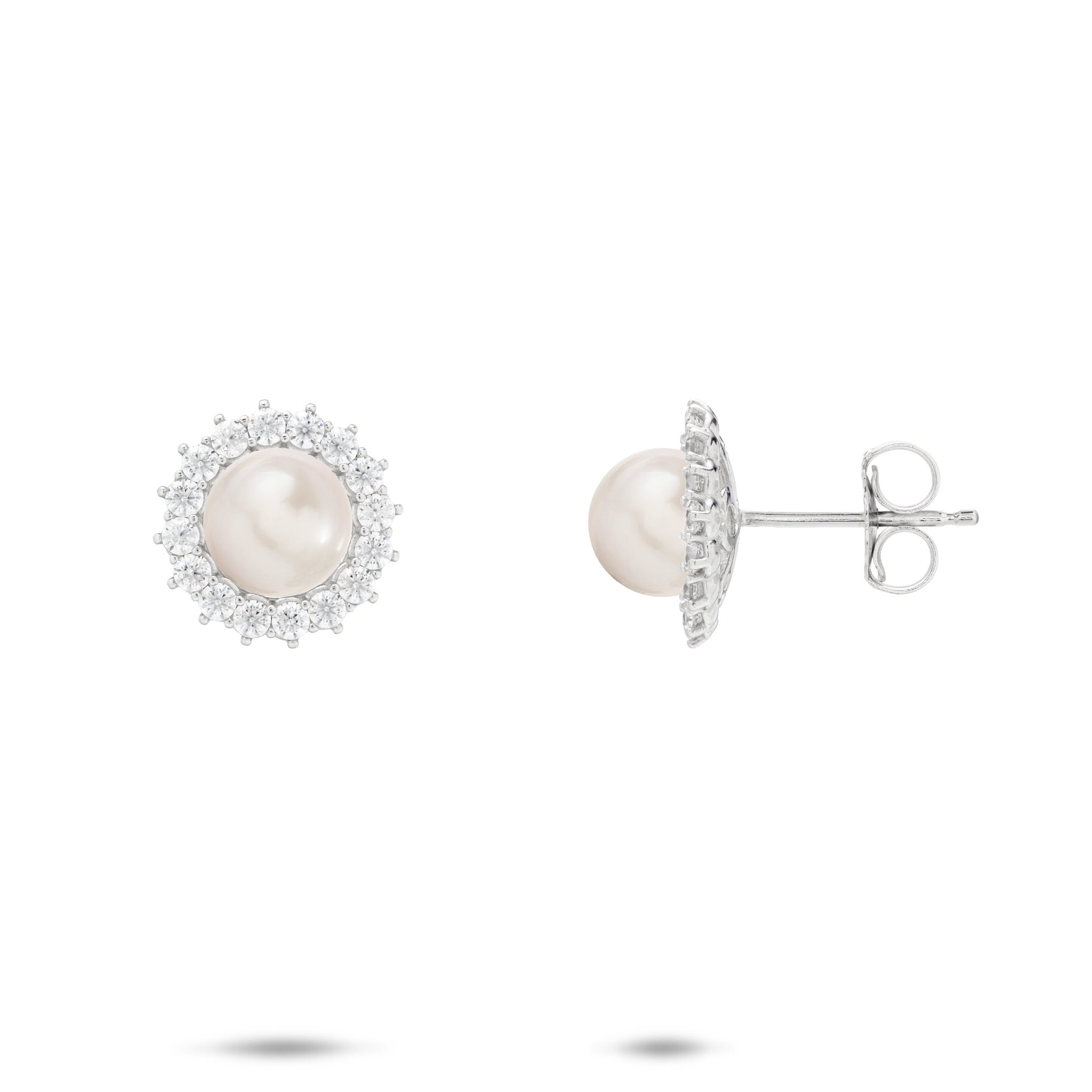 Cubic Zirconia Halo White Freshwater Pearl Stud Earrings in Sterling Silver on a white background
