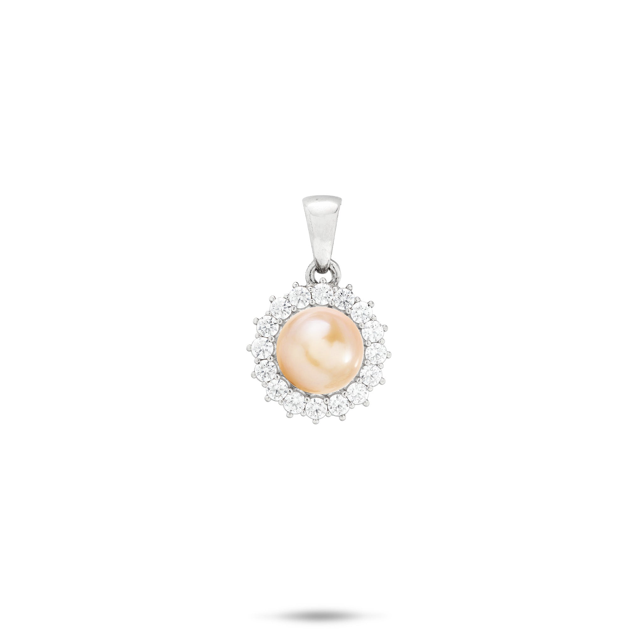 Cubic Zirconia Halo Peach Freshwater Pearl Pendant in Sterling Silver with High-polish bail on a white background