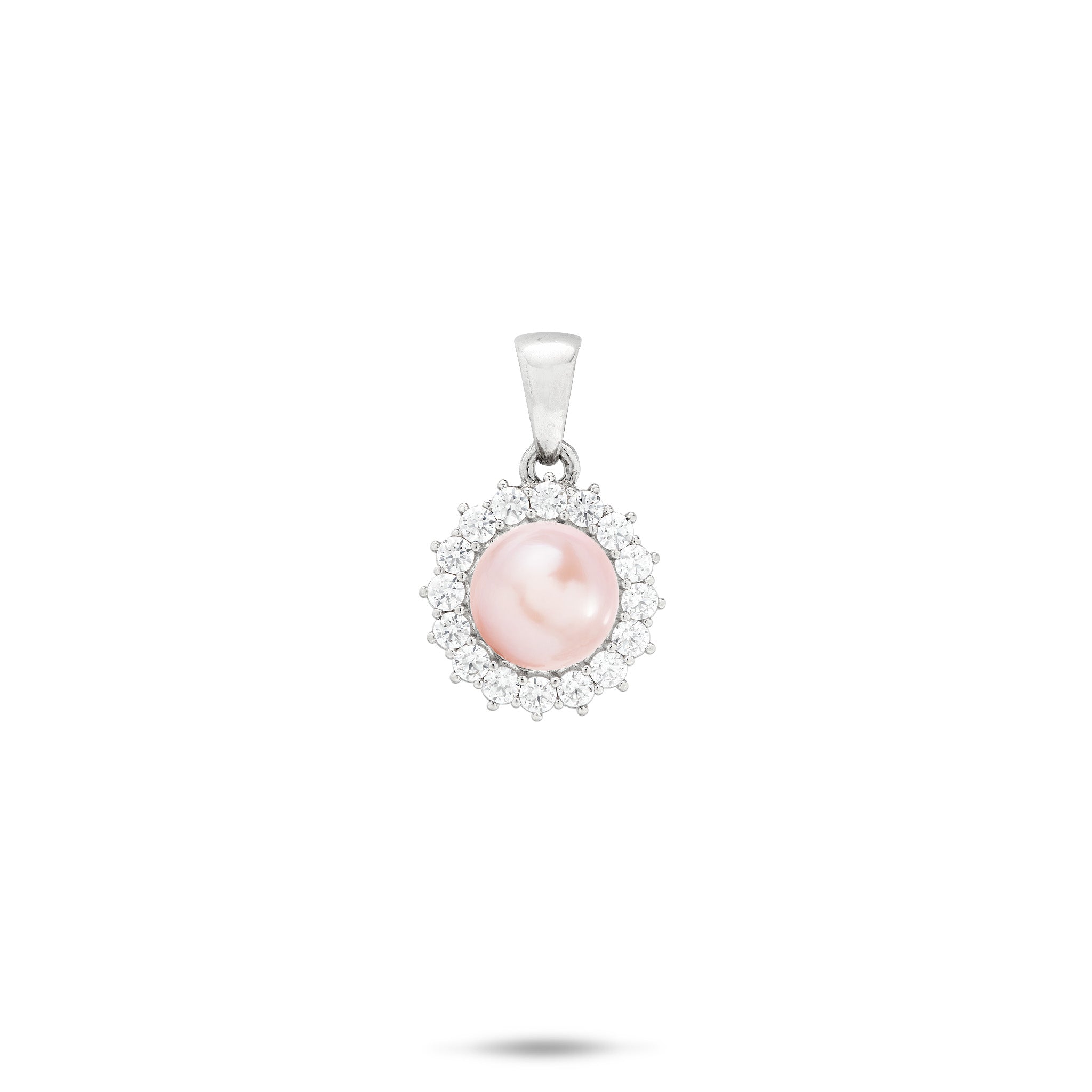 Cubic Zirconia Halo Lavender Freshwater Pearl Pendant in Sterling Silver with High-polish bail on a white background