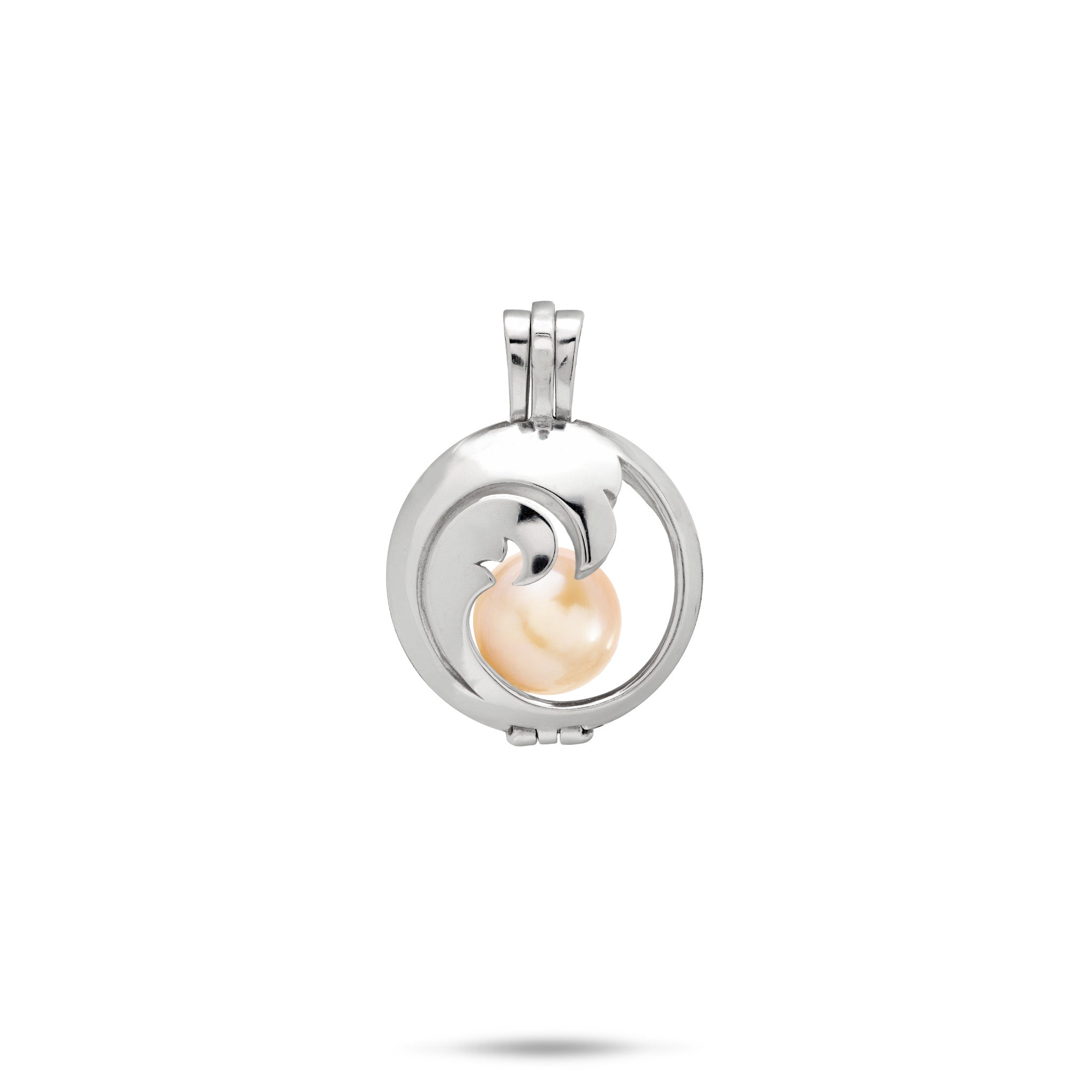 15mm Pick A Pearl Nalu Cage Pendant in Sterling Silver with a Peach Pearl on a white background