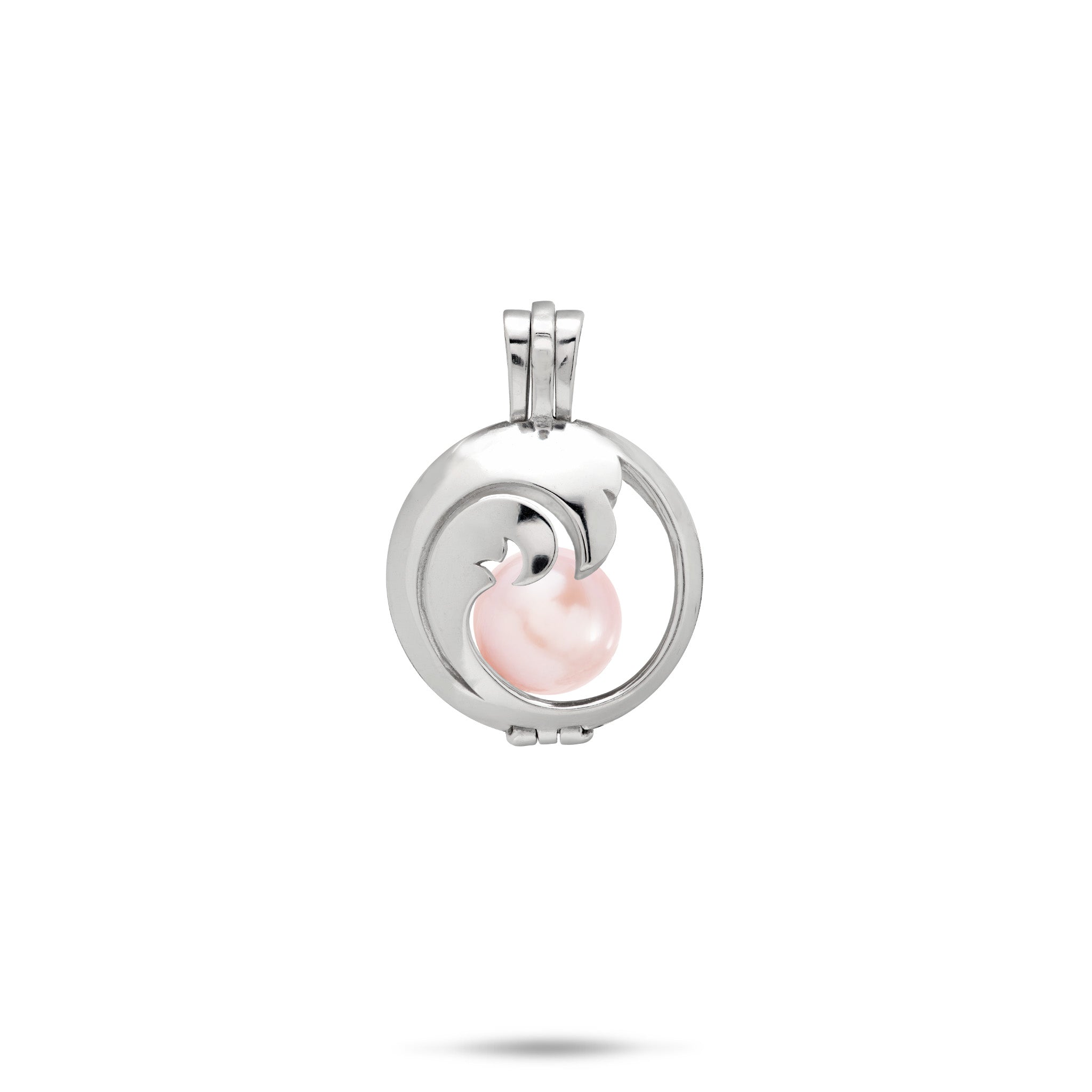 15mm Pick A Pearl Nalu Cage Pendant in Sterling Silver with a Pink Pearl on a white background