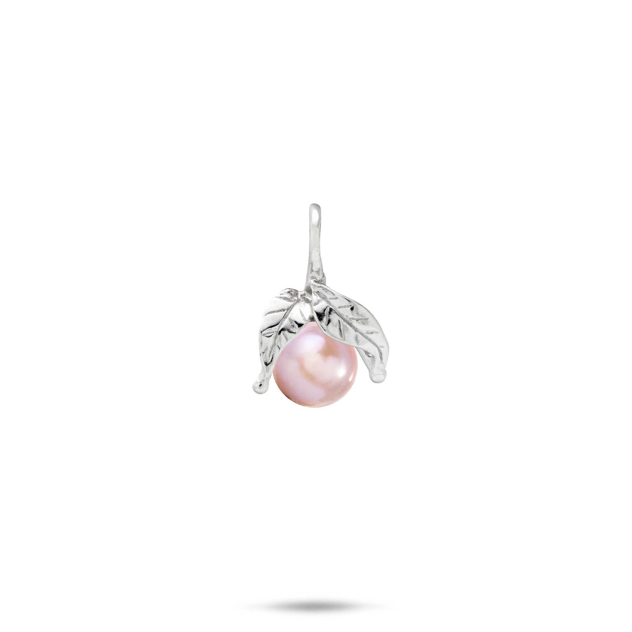 Sterling silver Pendant featuring a single round lavender freshwater pearl nestled between two detailed silver maile leaves, shown against a plain white background.