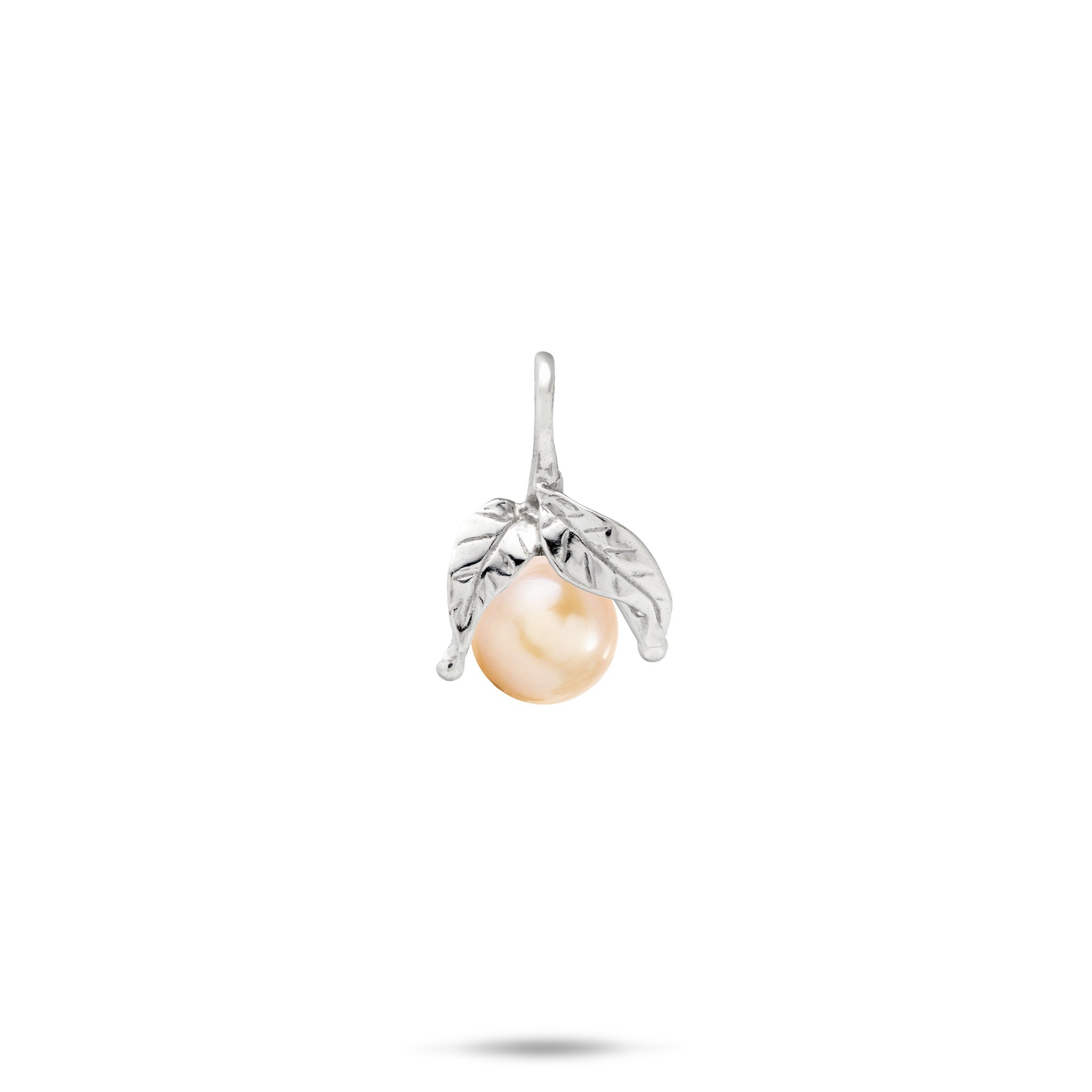 Sterling silver Pendant featuring a single round peach freshwater pearl nestled between two detailed silver maile leaves, shown against a plain white background.