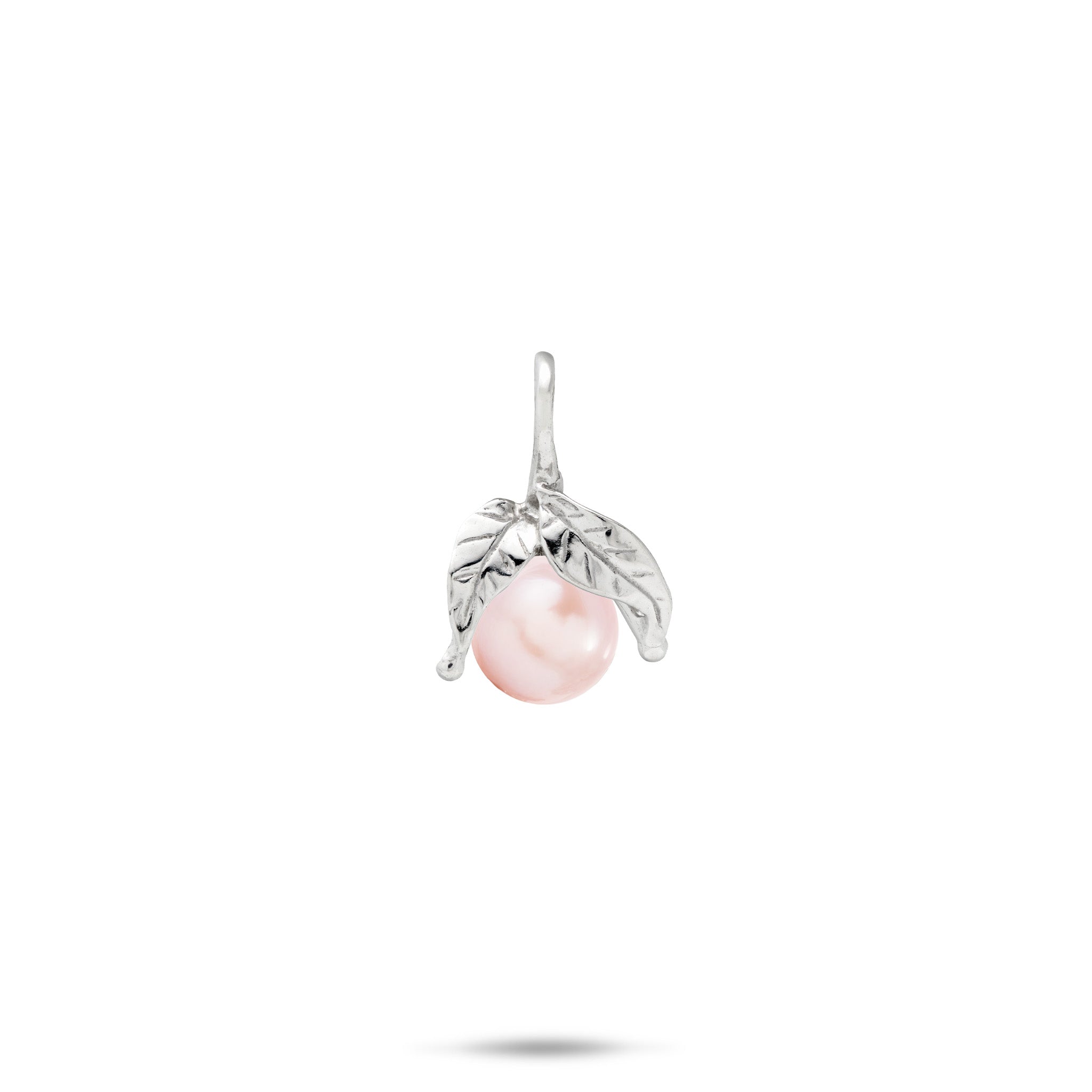 Sterling silver Pendant featuring a single round pink freshwater pearl nestled between two detailed silver maile leaves, shown against a plain white background.