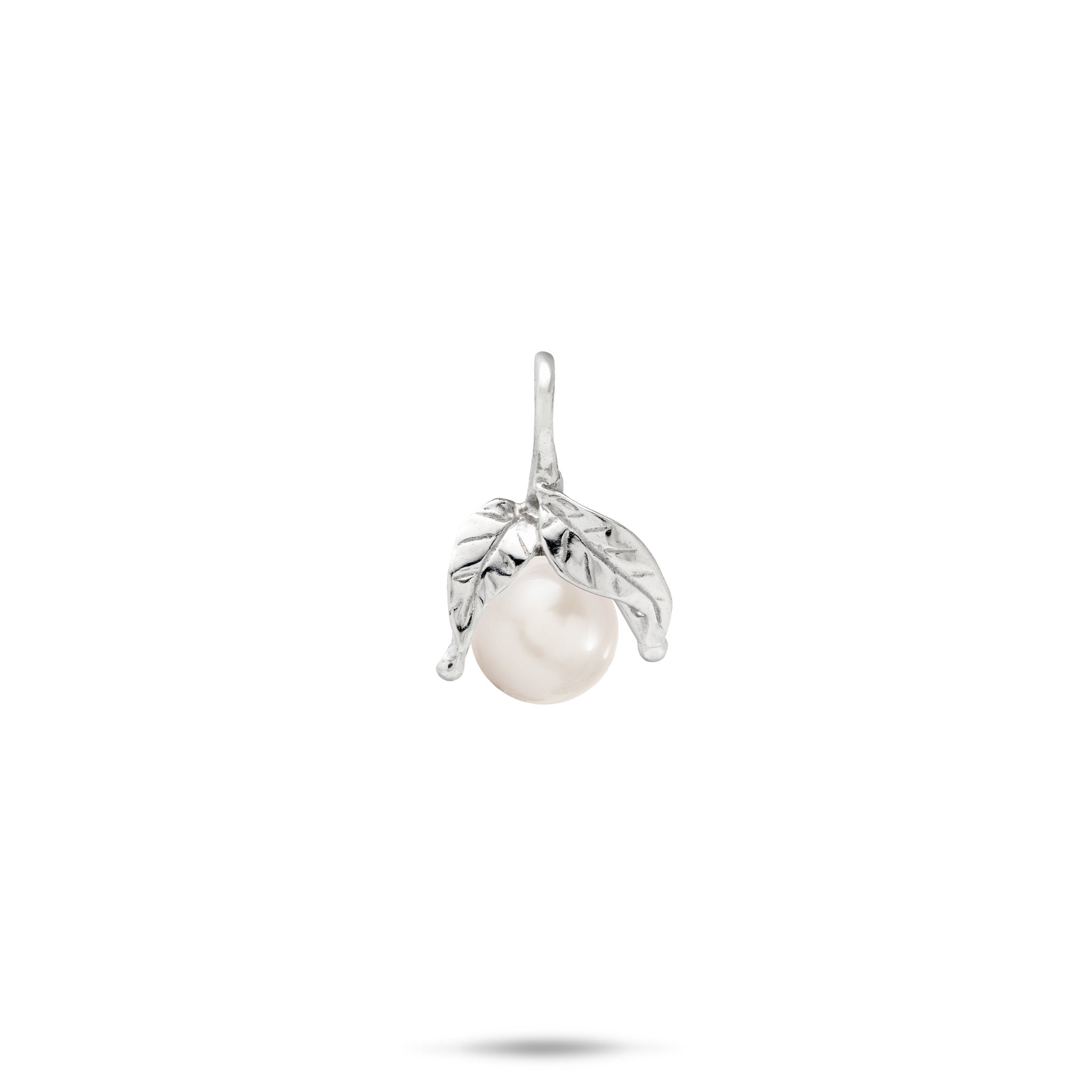 Sterling silver Pendant featuring a single round white freshwater pearl nestled between two detailed silver maile leaves, shown against a plain white background.
