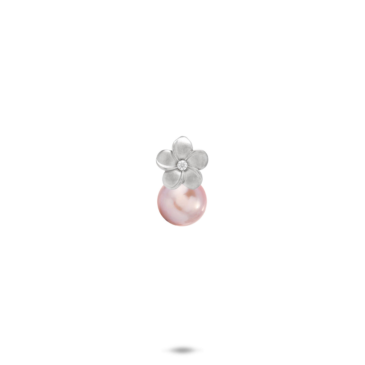 8mm Pick A Pearl Plumeria Pendant in Sterling Silver with a Cubic Zirconia and Lavender Pearl on a white background