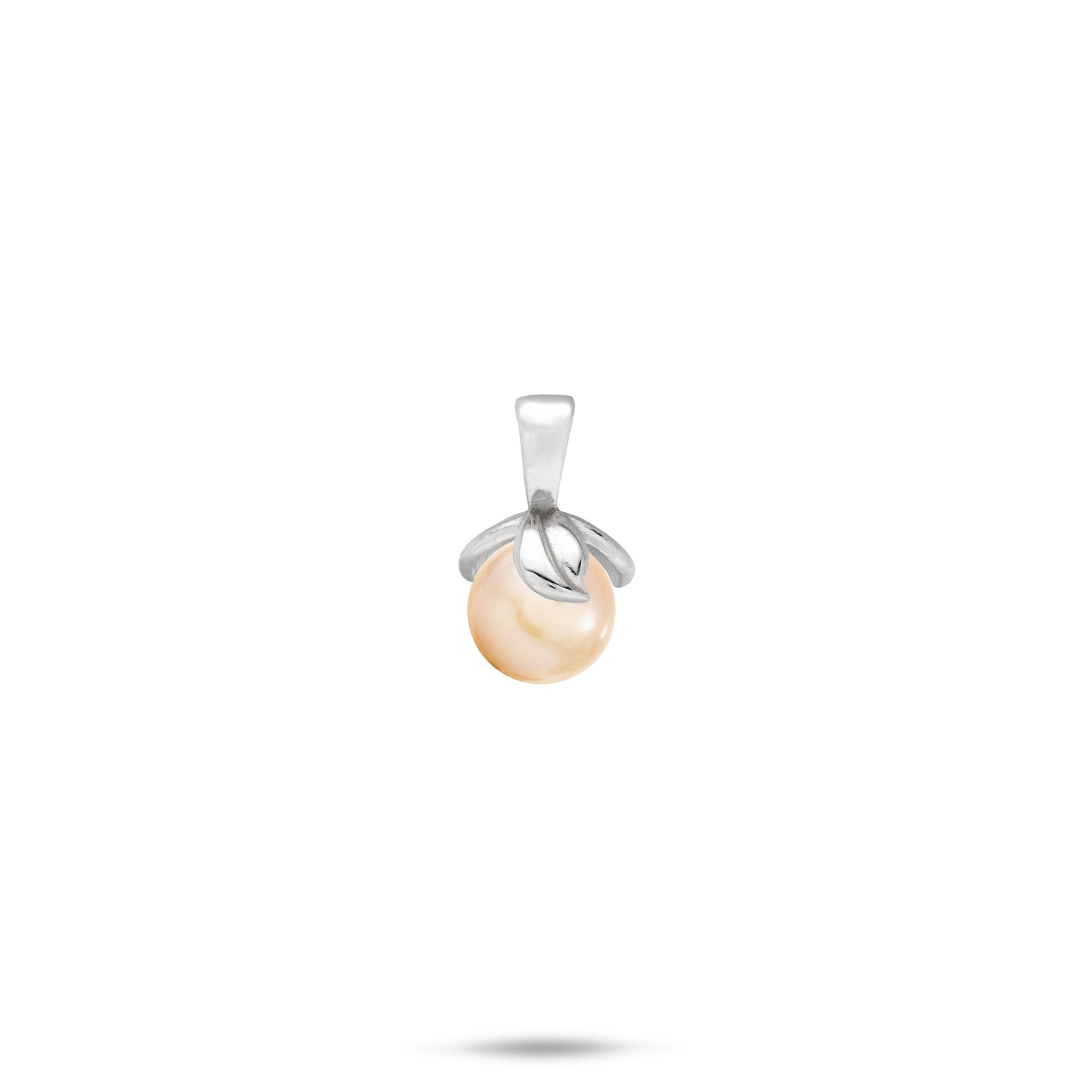 A Sterling Silver pendant featuring a single round, peach freshwater pearl wrapped in swirling silver maile leaves, shown against a plain white background