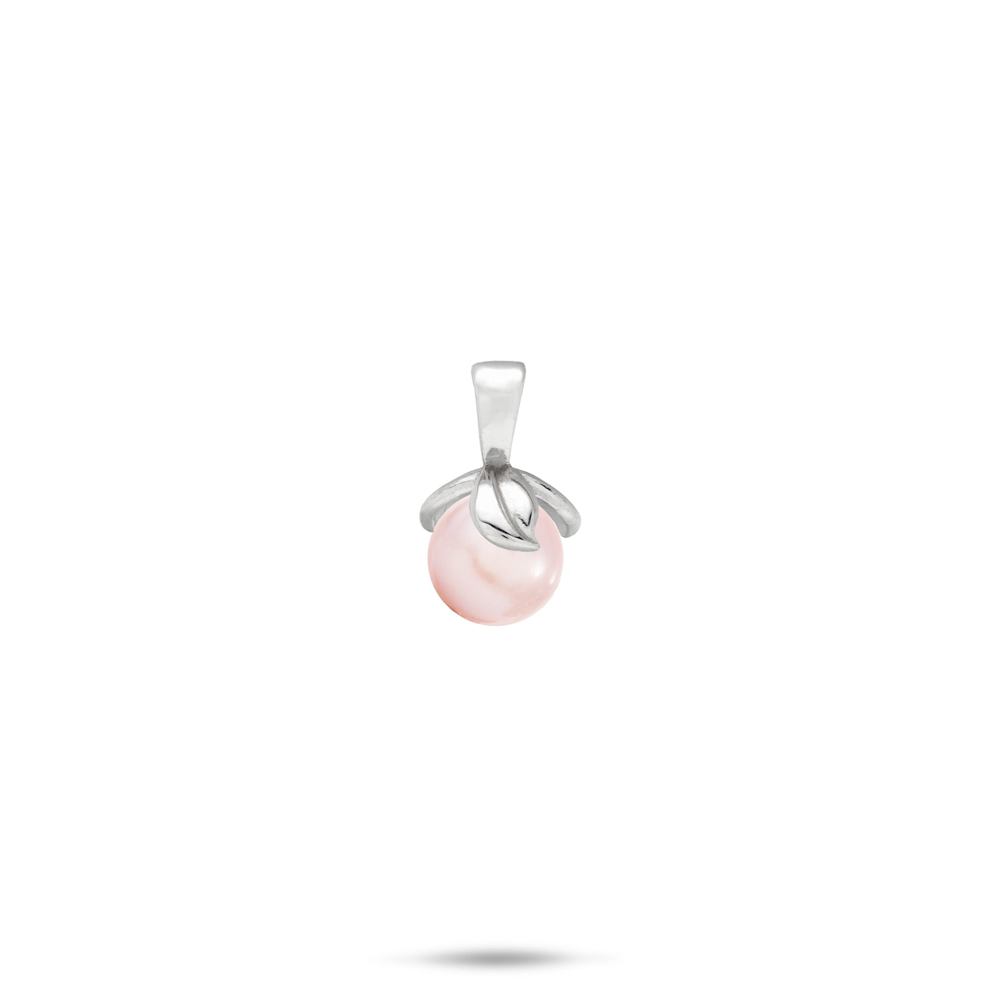 A Sterling Silver pendant featuring a single round, pink freshwater pearl wrapped in swirling silver maile leaves, shown against a plain white background