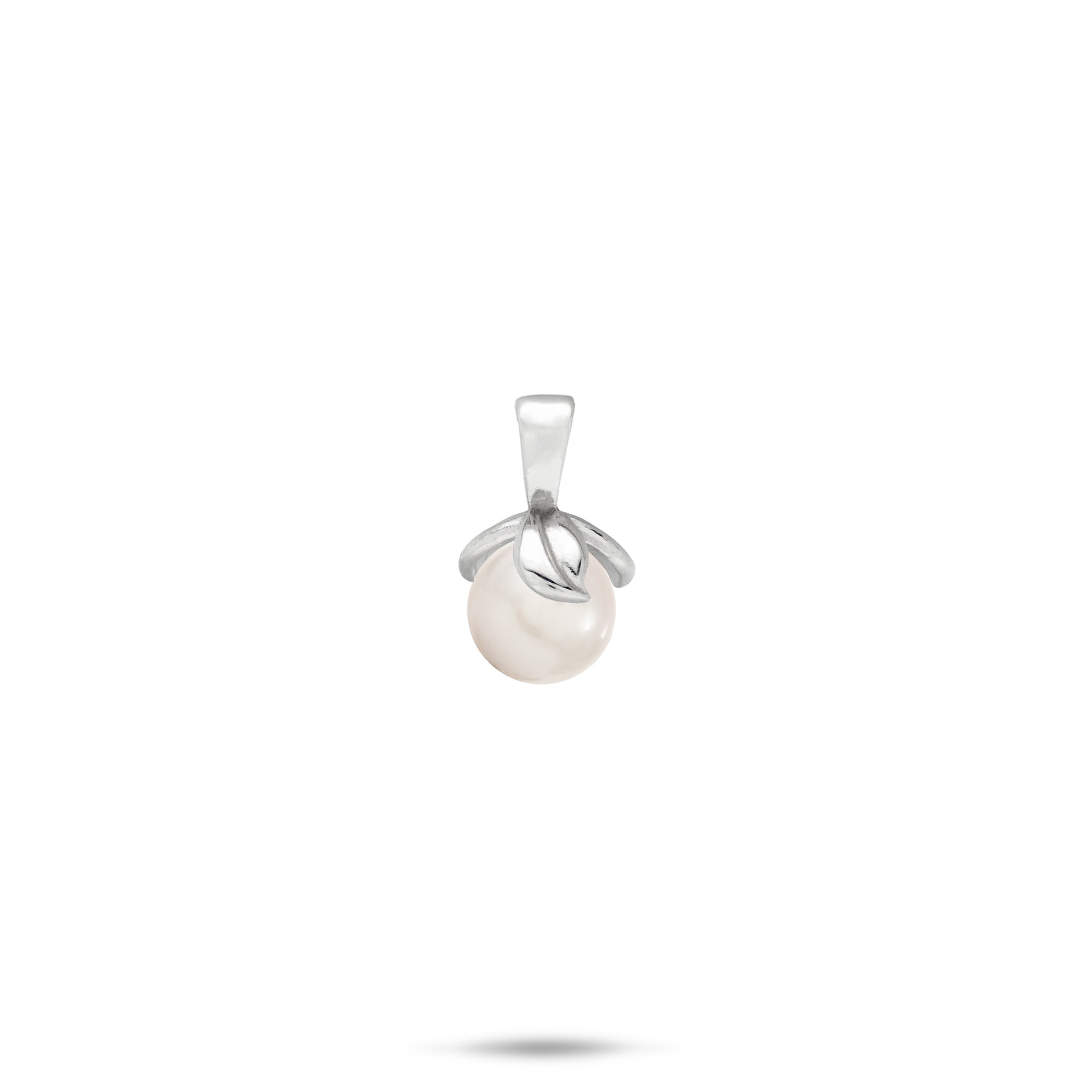 A Sterling Silver pendant featuring a single round, white freshwater pearl wrapped in swirling silver maile leaves, shown against a plain white background