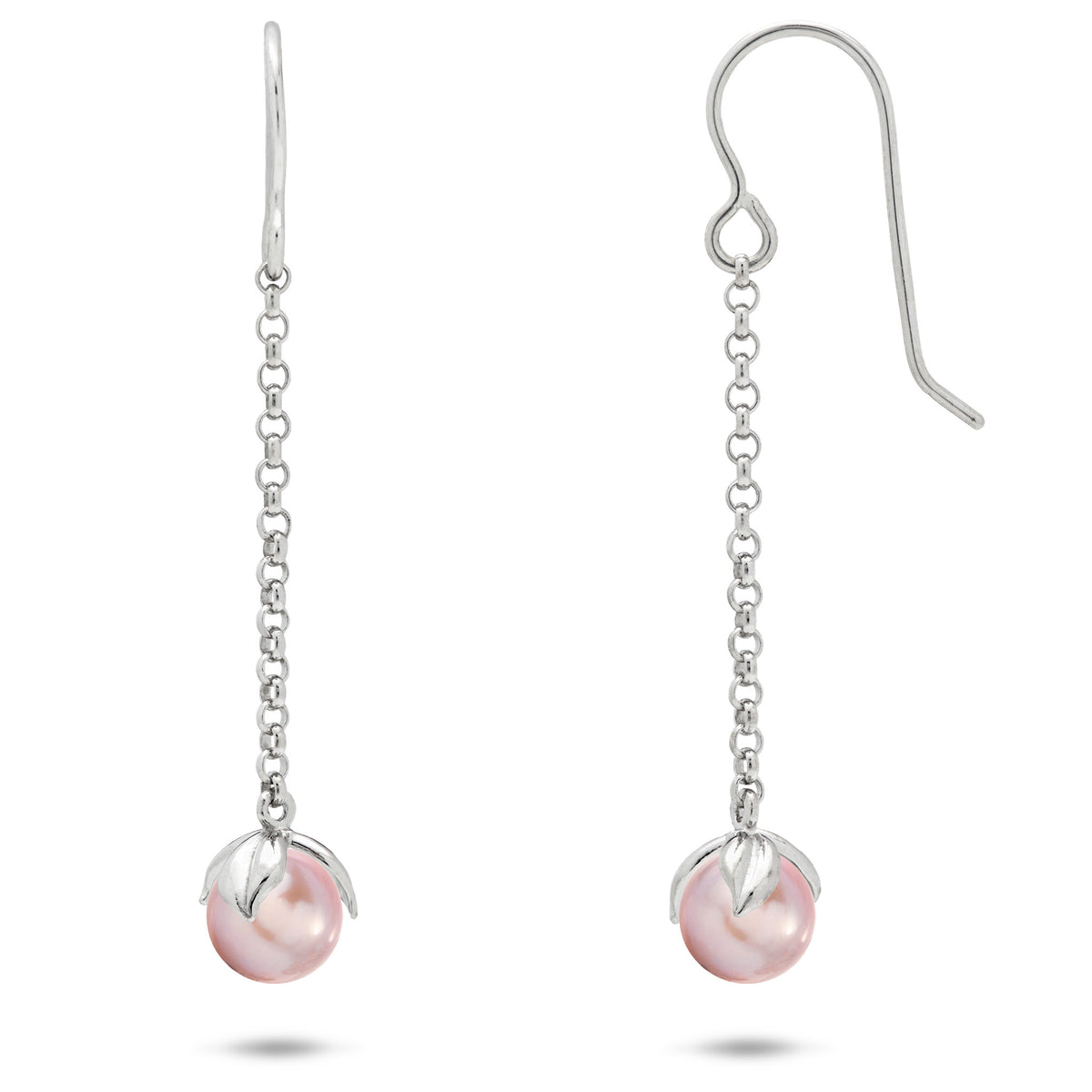 A pair of sterling silver shepherd hook earrings, short chain leading to Maile leaves holding Freshwater Lavendar Pearls on a white background