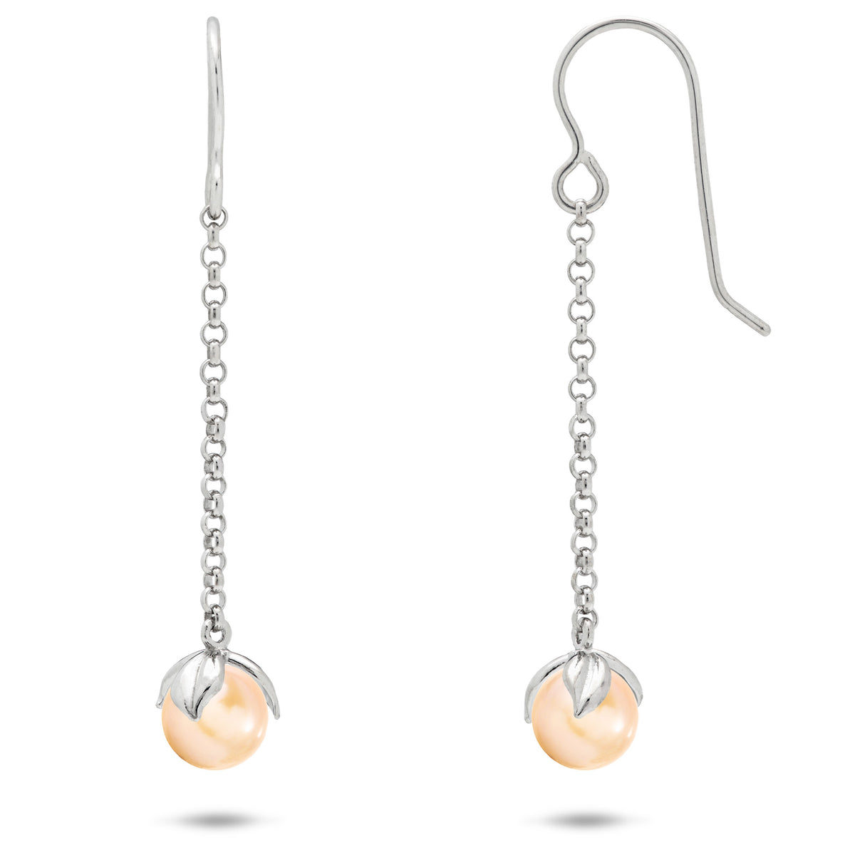 A pair of sterling silver shepherd hook earrings, short chain leading to Maile leaves holding Freshwater Peach Pearls on a white background