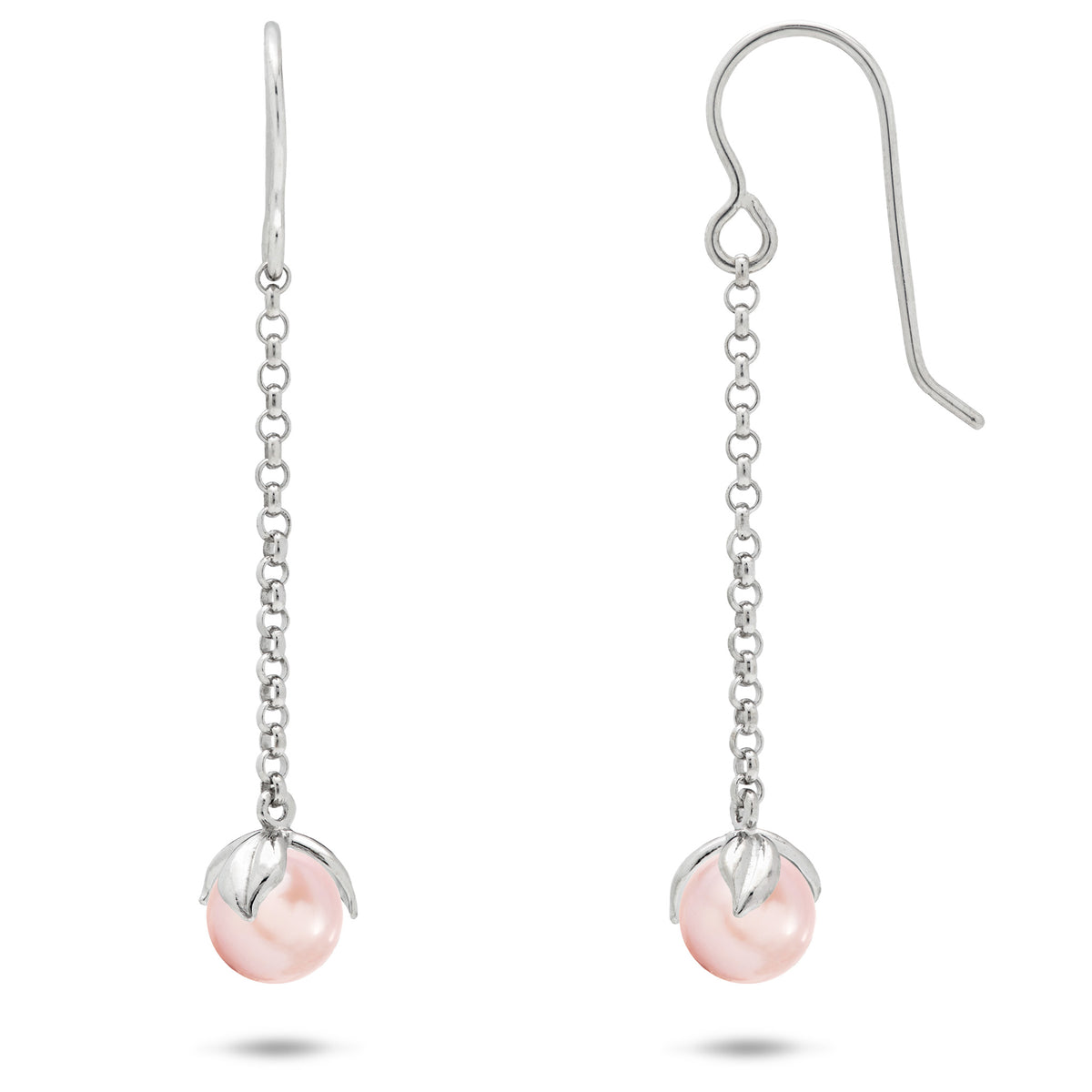 A pair of sterling silver shepherd hook earrings, short chain leading to Maile leaves holding Freshwater Pink Pearls on a white background