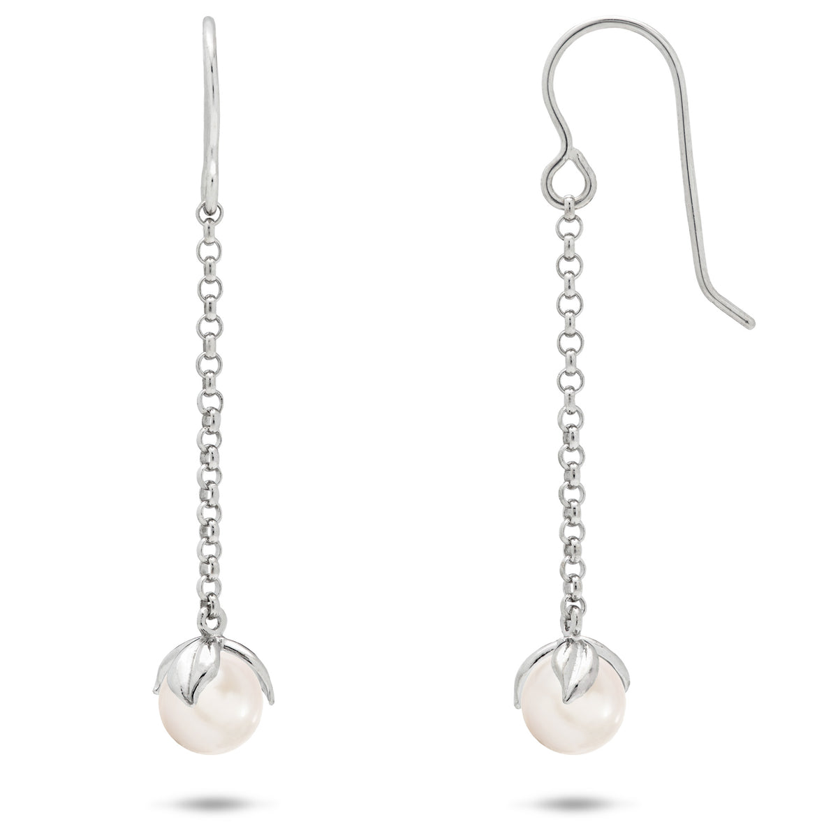 A pair of sterling silver shepherd hook earrings, short chain leading to Maile leaves holding Freshwater White Pearls on a white background