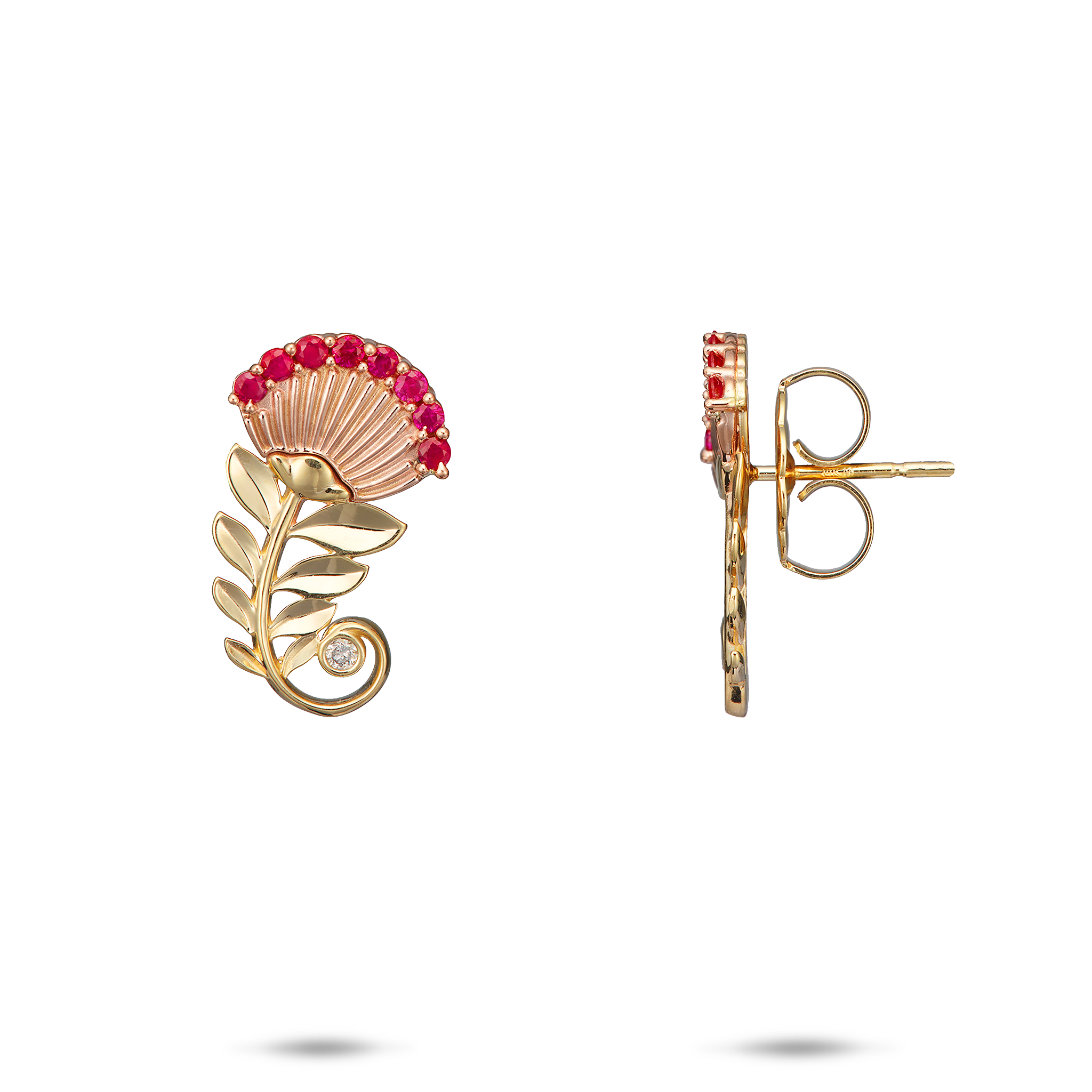 ダイヤモンドと2つのトーンゴールドのOhia lehua ruby​​ earrings -19mm