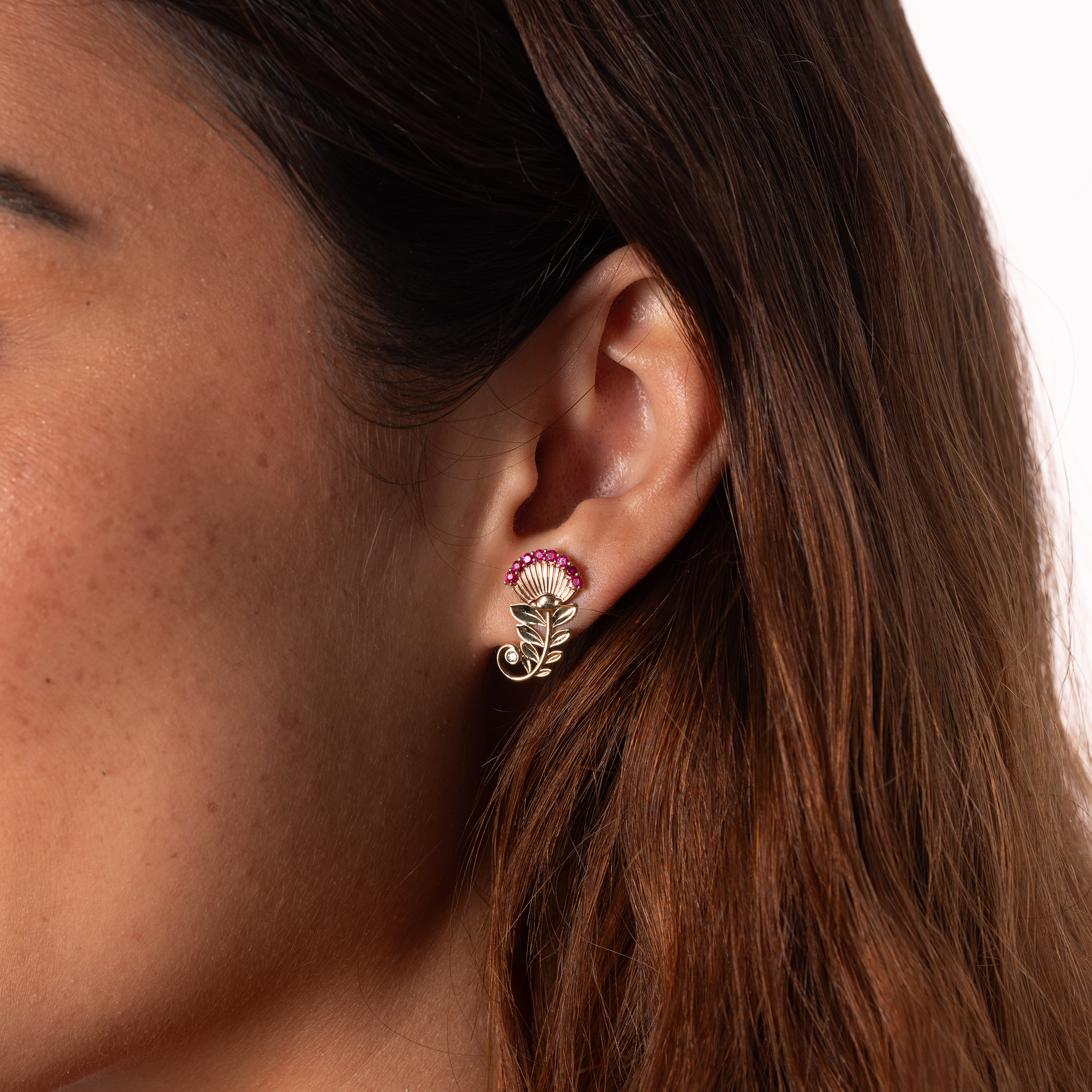 ʻŌhiʻa Lehua Ruby Earrings in Two Tone Gold with Diamonds - 19mm