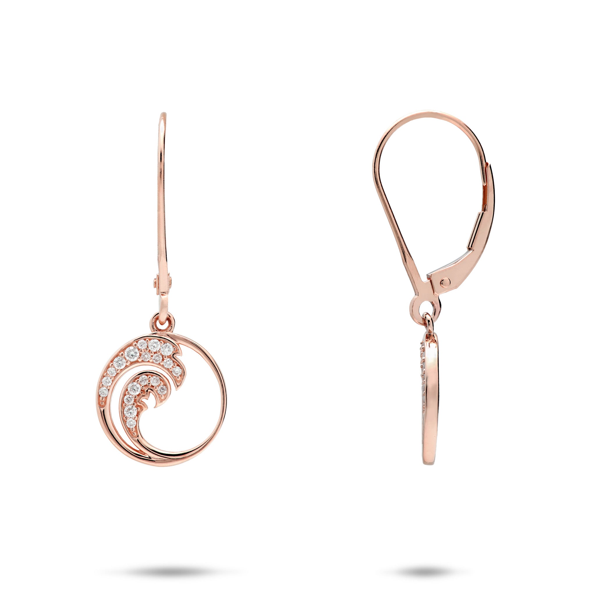12mm Nalu Leverback Earrings in 14k Rose Gold with Diamonds on a white background