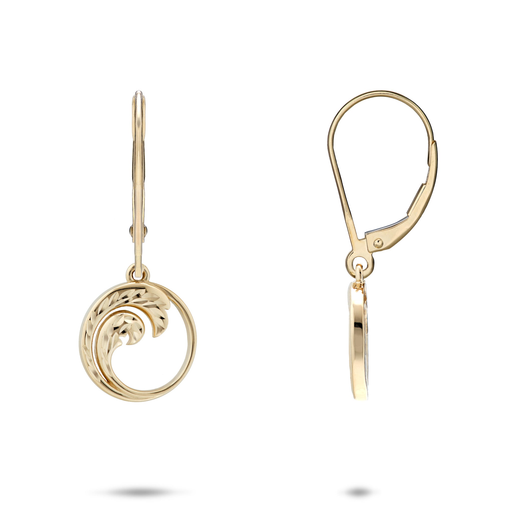 12mm Nalu Leverback Earrings in 14k Yellow Gold with Diamond-cut detail on a white background