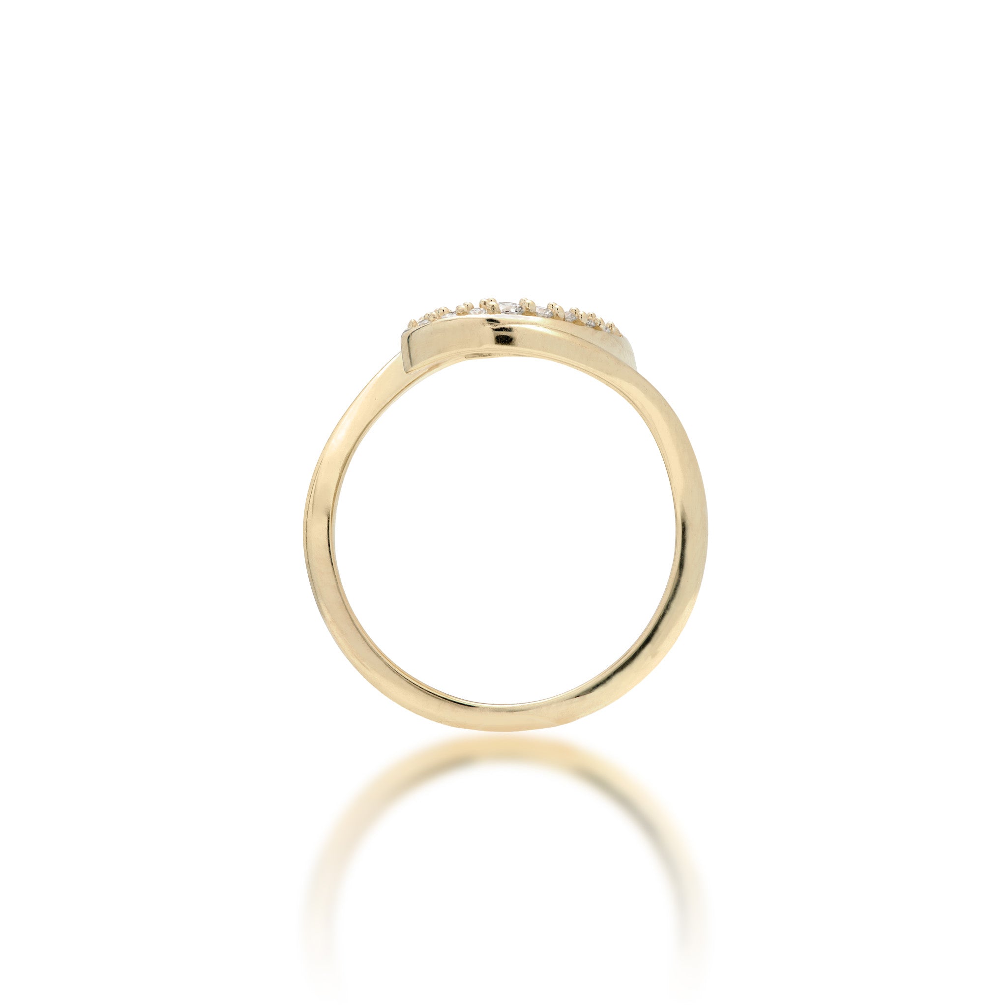 Side View of a 15mm Nalu Ring in 14k Yellow Gold with Diamonds, Double wave design on a white background