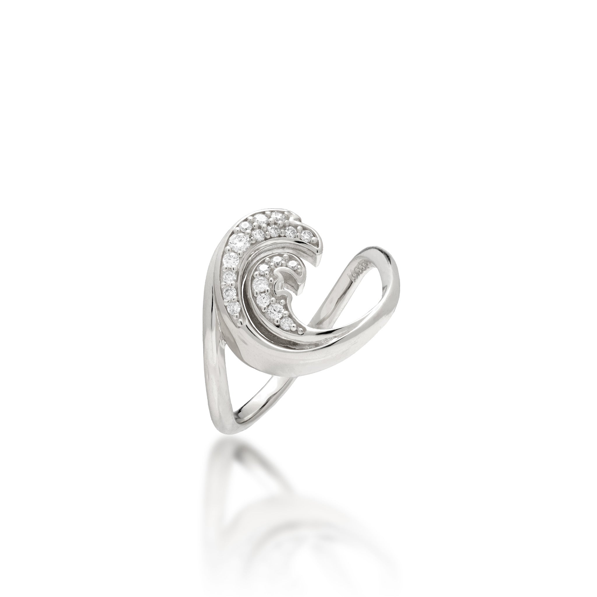 Angle view of a 15mm Nalu (Wave) Ring in 14k White Gold with a diamond double wave design and high-polish on a white background