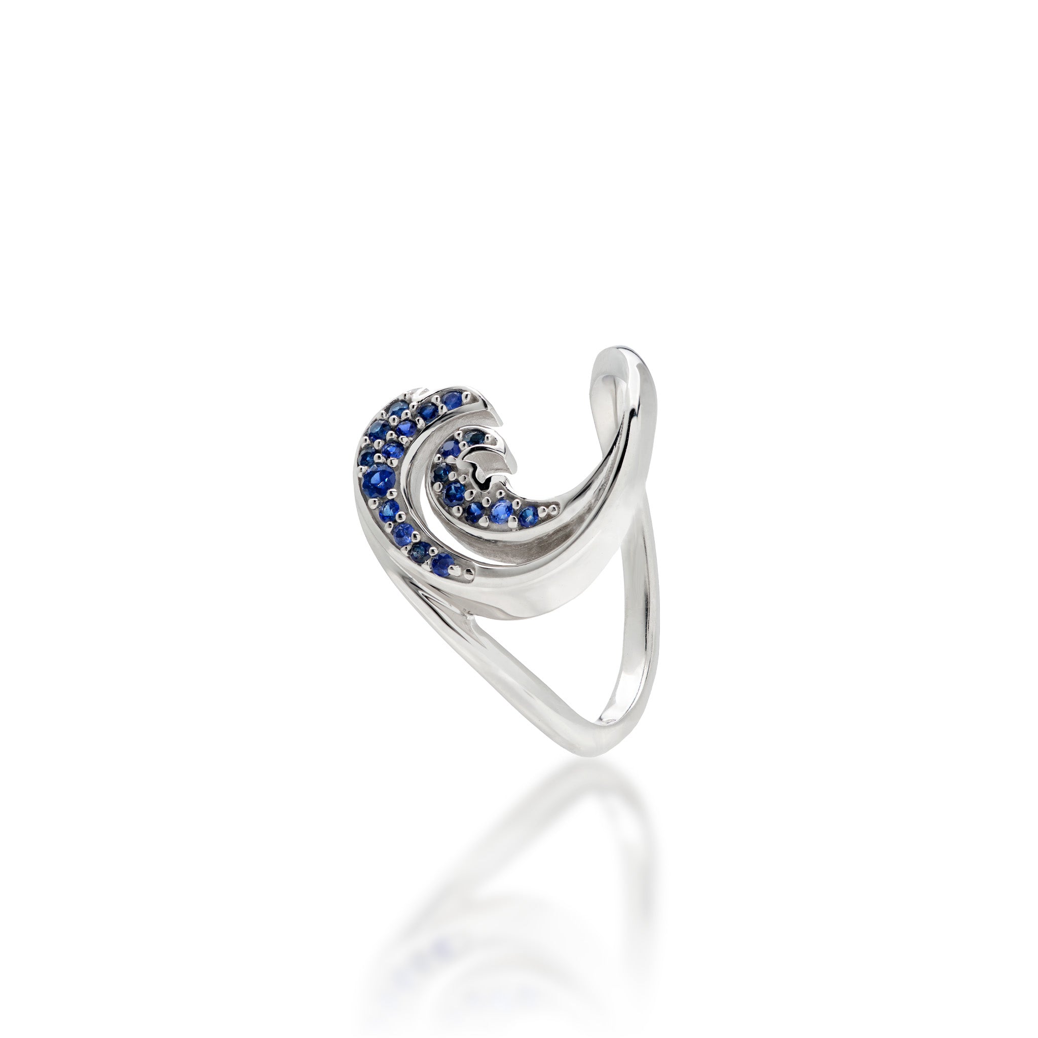 15mm Nalu Ring in 14k White Gold with Blue Sapphires on a white background