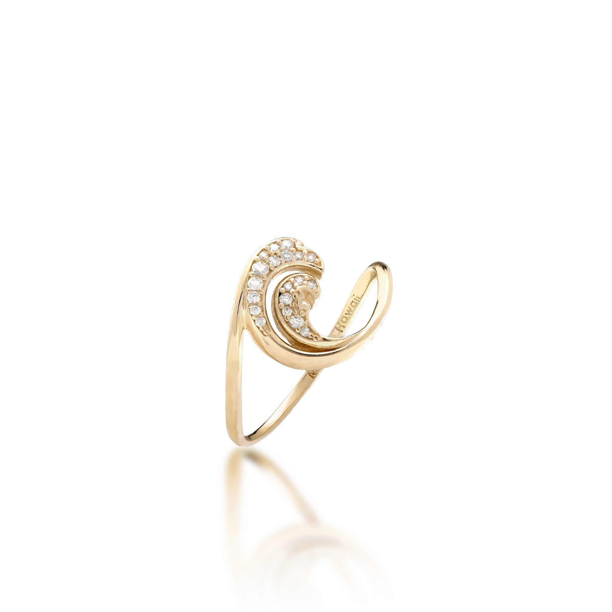 Angle view of a 12mm Diamond Nalu (Wave) Ring in 14k Yellow Gold with a High-polish finish on a white background