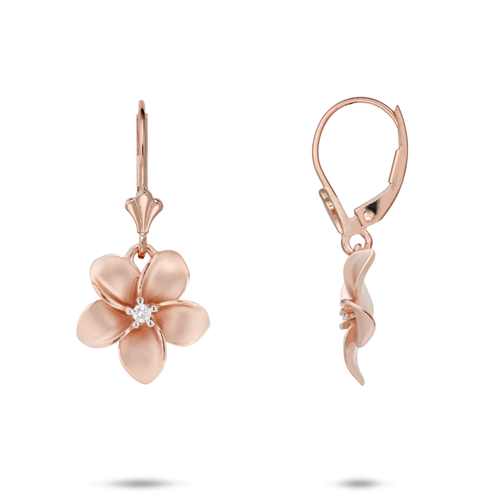 13mm Plumeria Leverback Earrings in Rose Gold with Diamonds on a white background