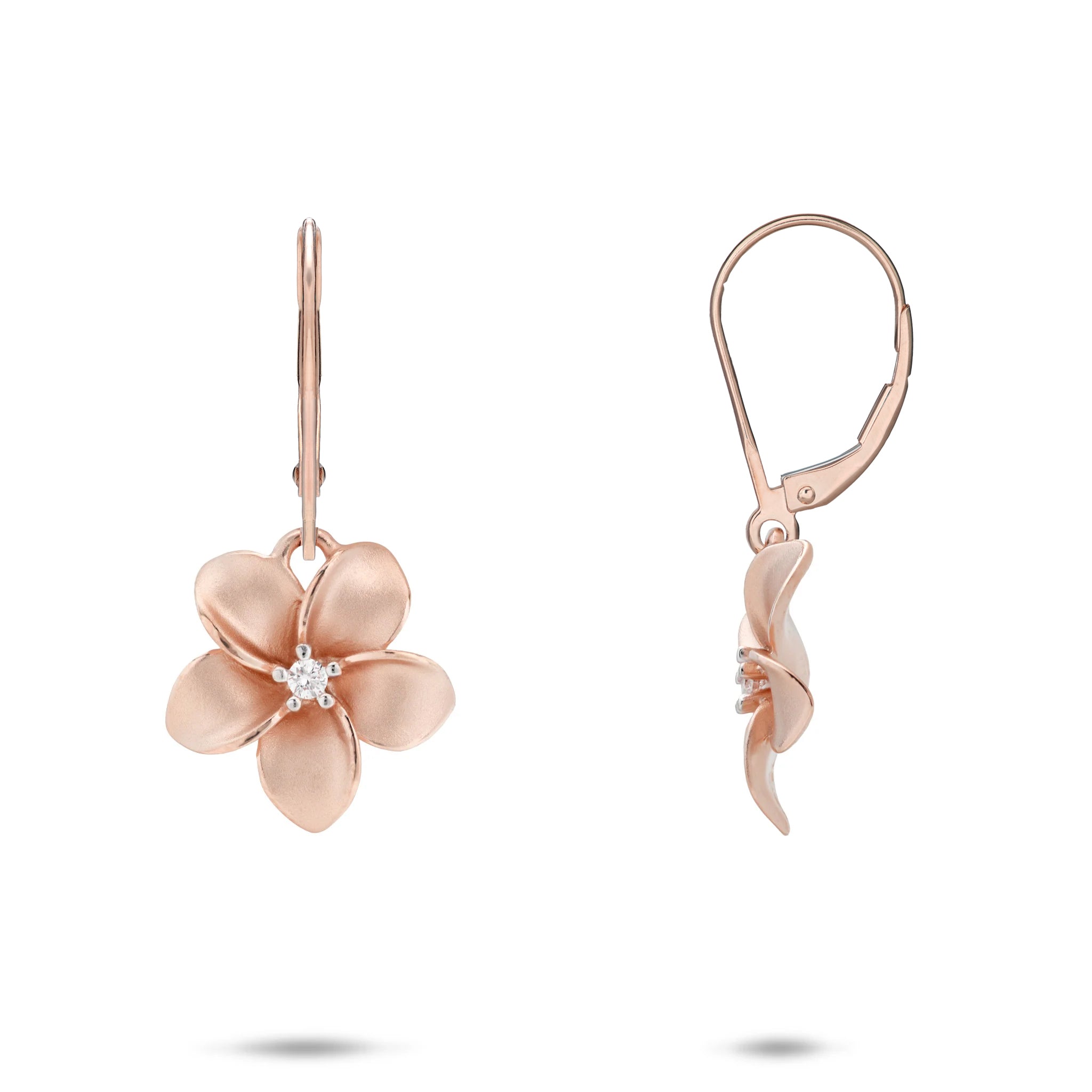 13mm Satin Finished and Diamond-accented Plumeria Leverback Earrings in 14k Rose Gold against a white background