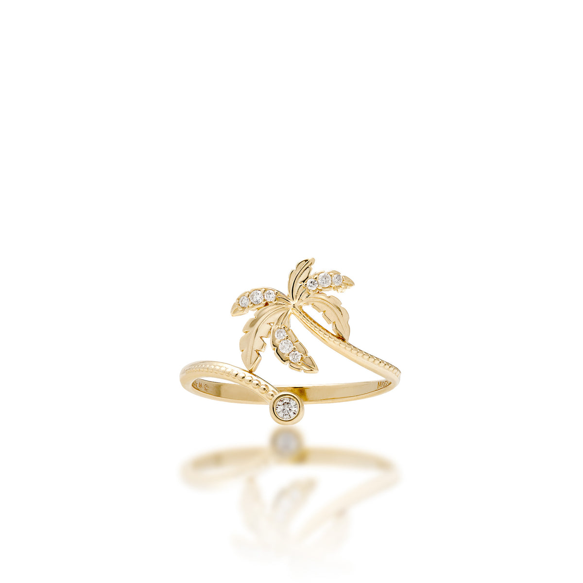 A 14k yellow gold palm tree design ring with high-polish and diamond-accented palm fronds and millegrain detailing along the bottom and a diamond accent at the bottom left curve of the ring, shown on a white background
