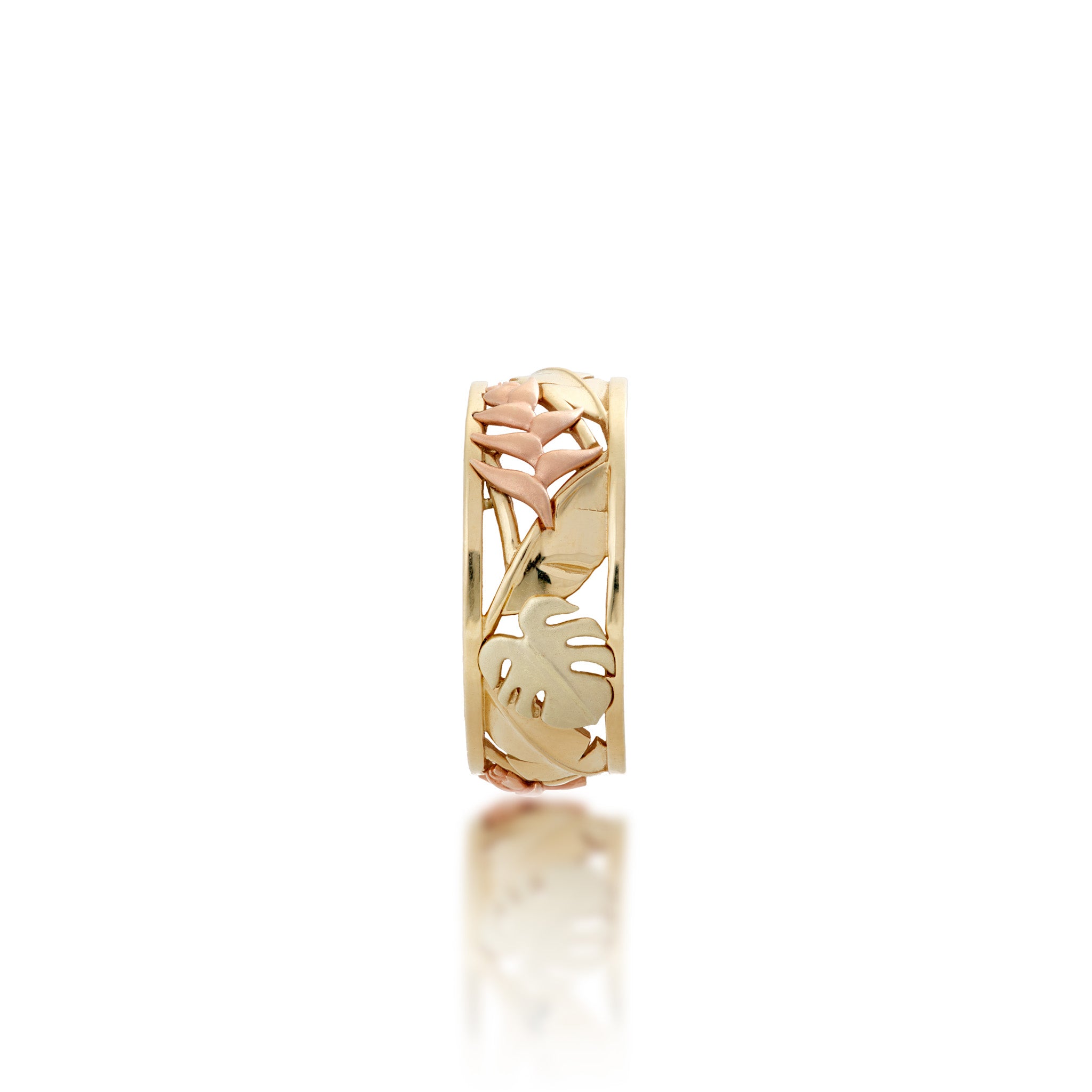 Side view of an 8mm Monstera & Heliconia Ring in 14k Yellow, Rose and Green Gold on a white background