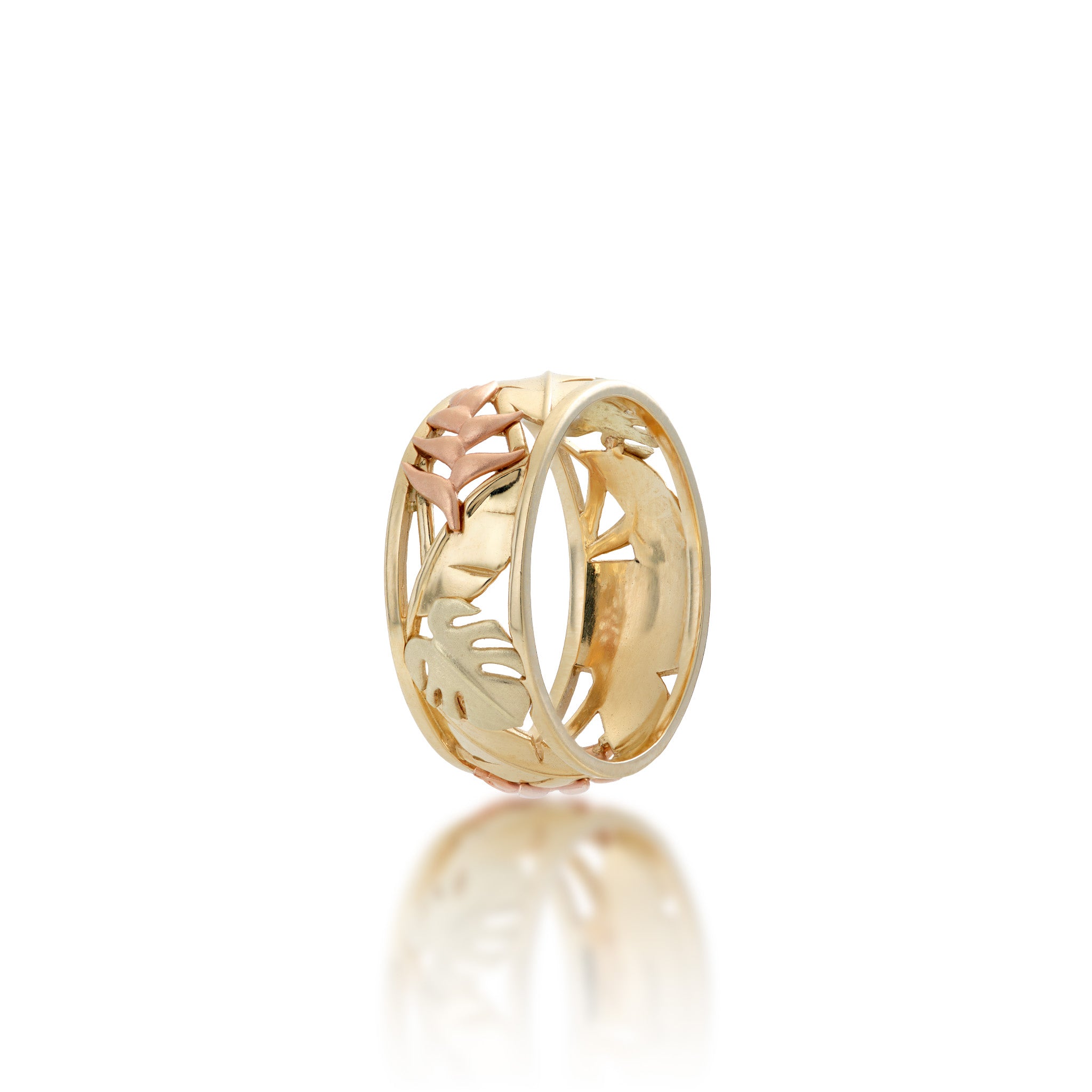 8mm Monstera & Heliconia Ring in 14k Yellow, Rose and Green Gold on a white background