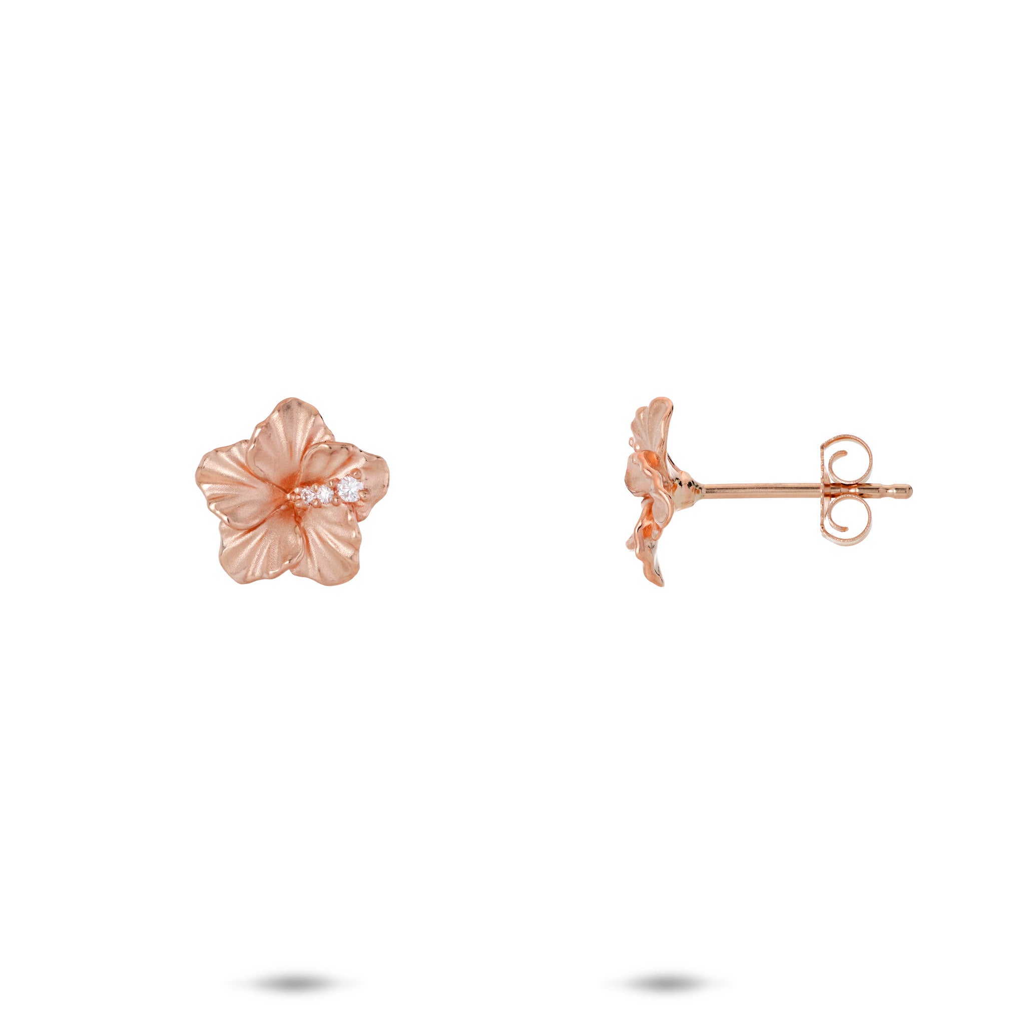 9.5mm Diamond Hibiscus Earrings in 14k Rose Gold on a white background