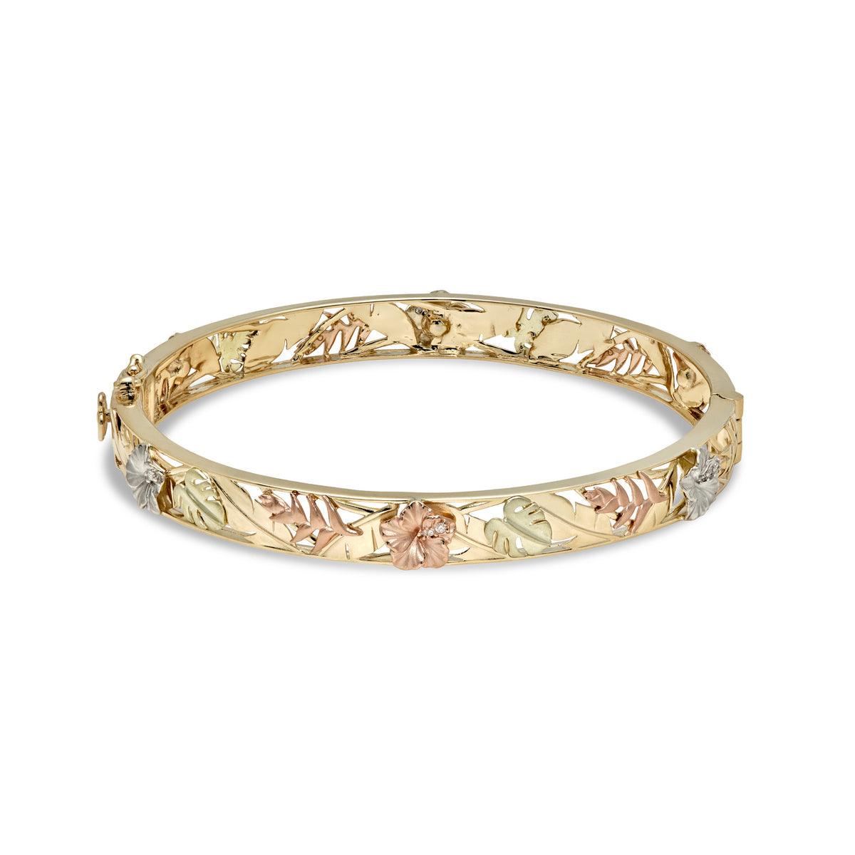 Hawaiian Gardens Hinge Bracelet with banana leaves in 14k yellow gold, rose gold heliconia and hibiscus flowers, white gold hibiscus flowers, and green gold monstera leaves, hibiscus flowers have diamond detail; placed on a white background.