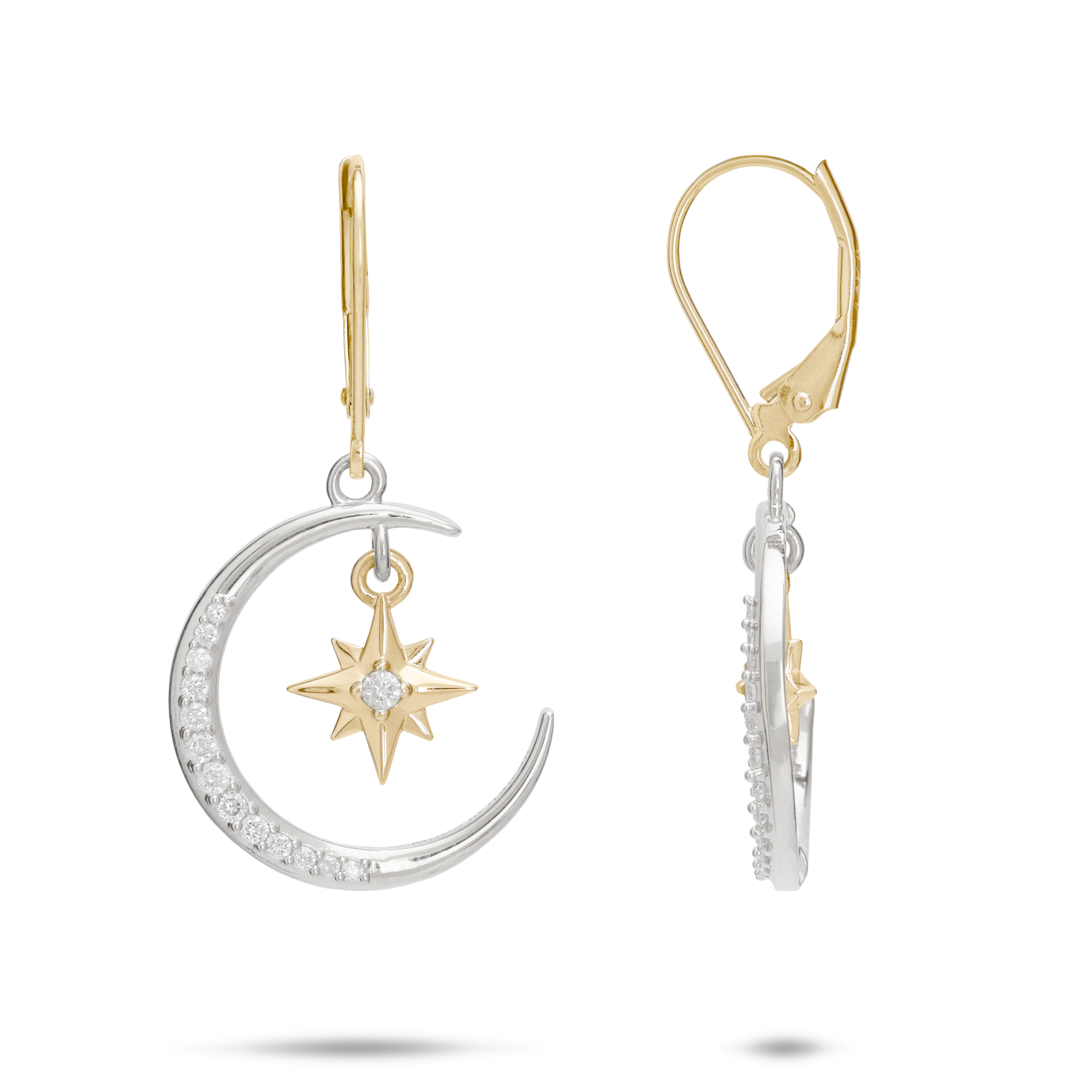 ダイヤモンド付きの2つのトーンゴールドのMoon＆Star MermaidEarrings