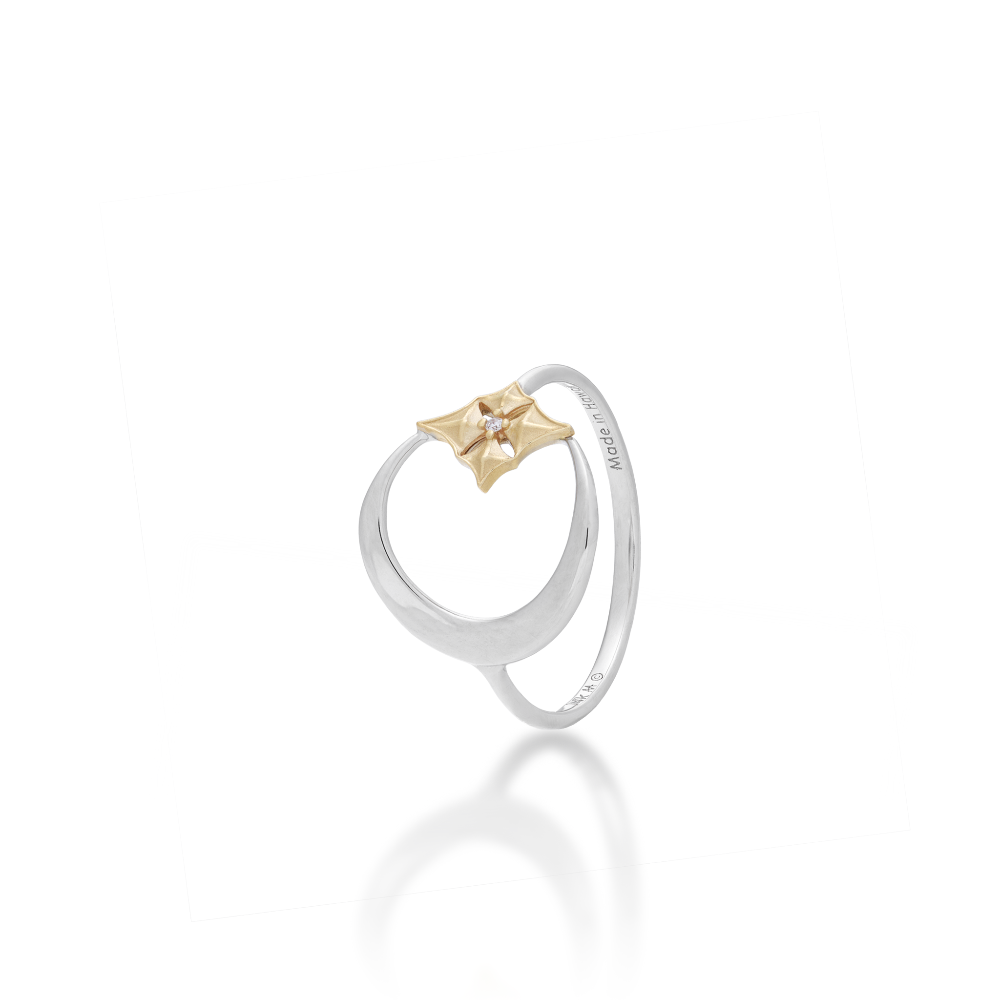 Hawaiian Quilted Star and Moon Ring in Two Tone Gold with Diamond - 13mm