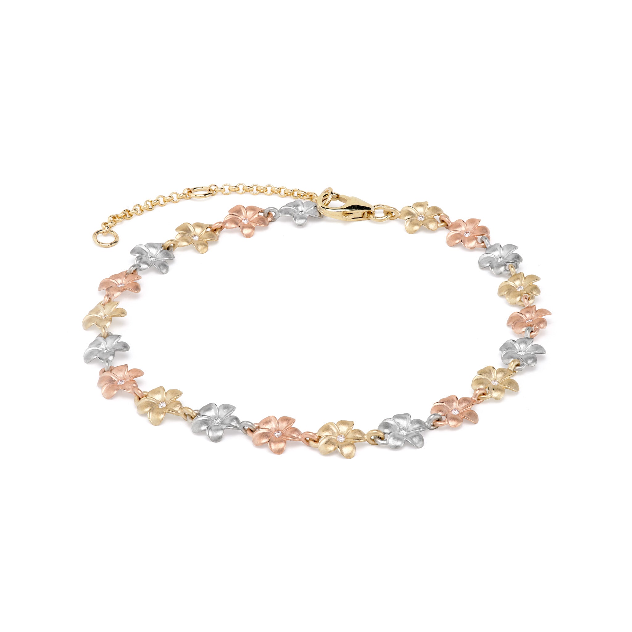 Side view of a 7-8.5" Adjustable Plumeria Bracelet in Tri Color Gold with Diamonds on a white background