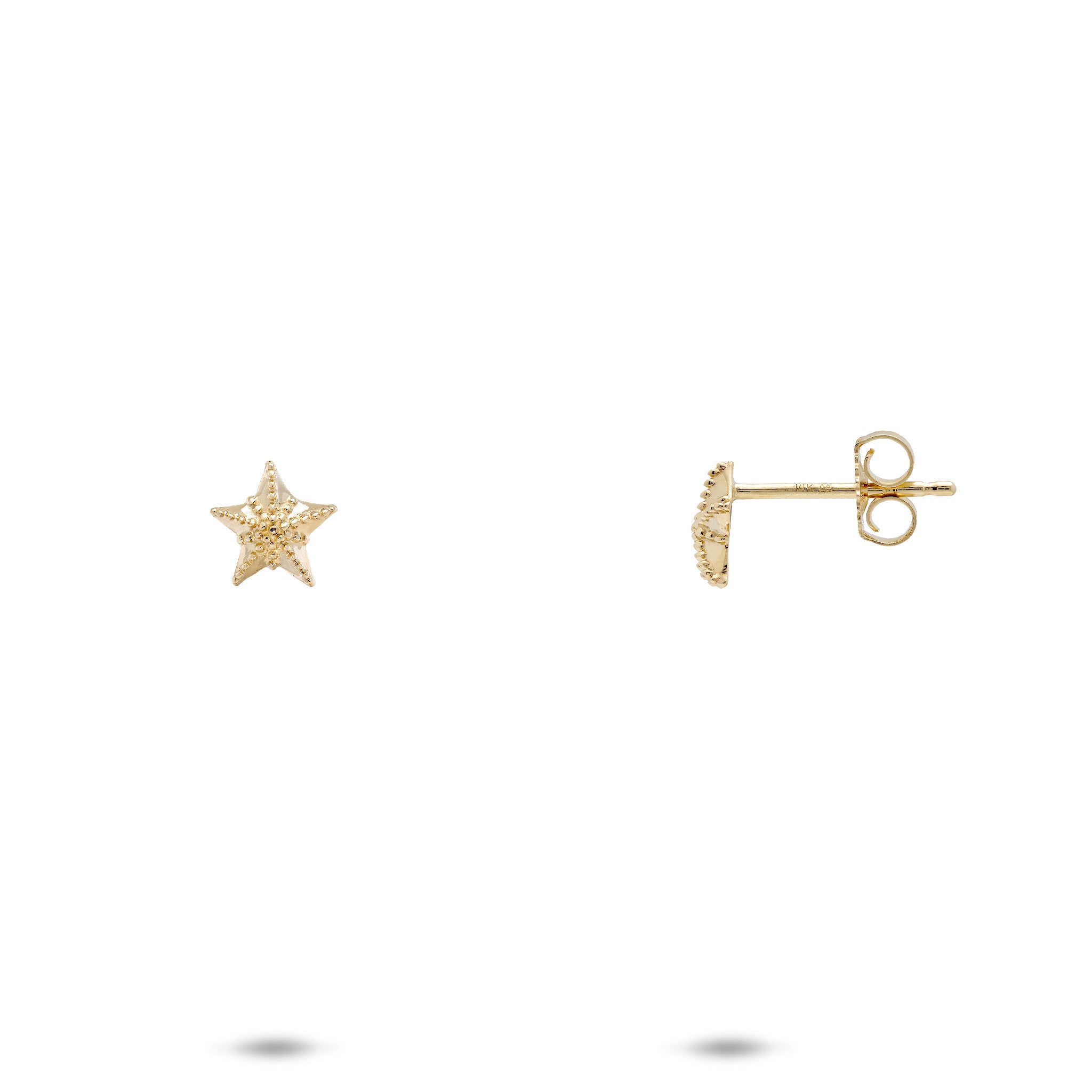 A pair of 14k yellow gold starfish stud earrings with mille grain texturing at the points, with one shown from the front and the other from the side/back, set against a plain white background.