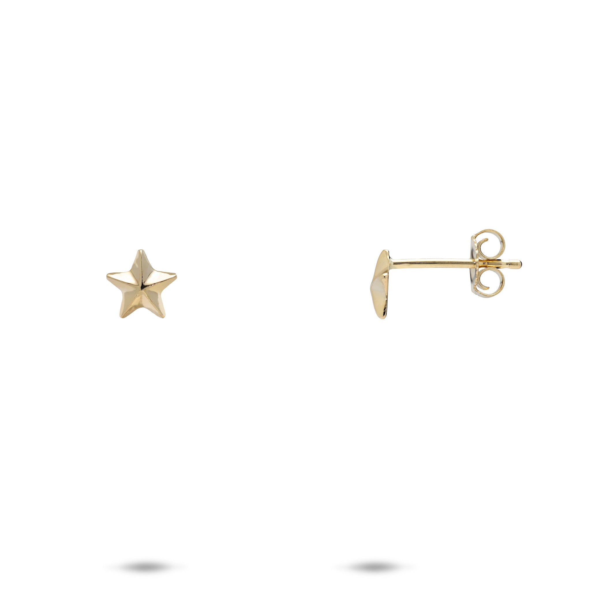 A pair of 14k yellow gold dimensional starfish stud earrings with a high-polish finish, showcasing the front and side angle of the earrings against a white backgrounds