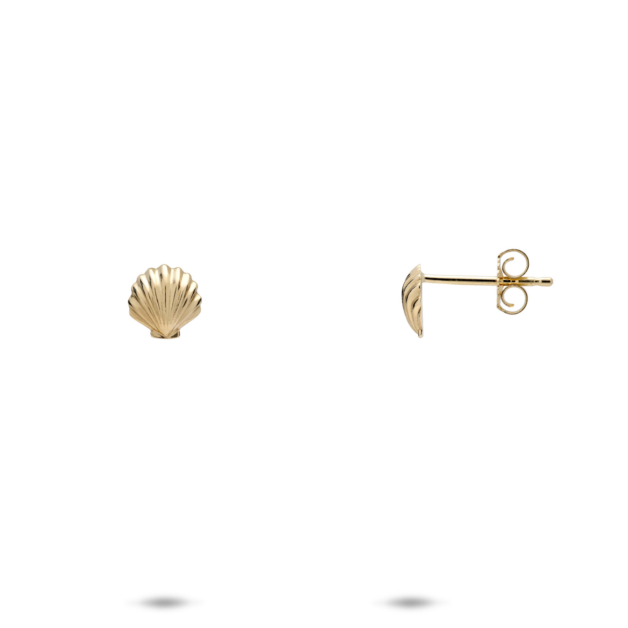 A pair of 14k yellow gold Hawaiian sunrise shell stud earrings, one shown from the front design and the other from the side, displaying the post and butterfly back, on a plain white background.