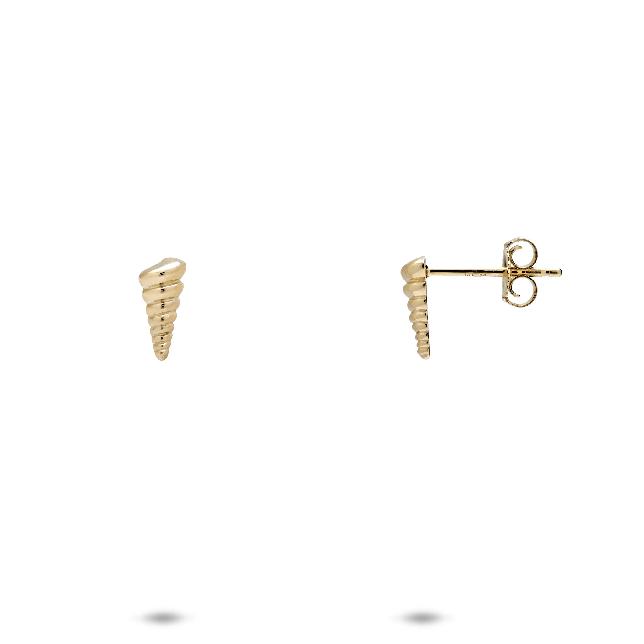 A pair of 14k yellow gold elongated conch shell earring with a high-polish finish, shown with a front and side view with a butterfly back against a white background
