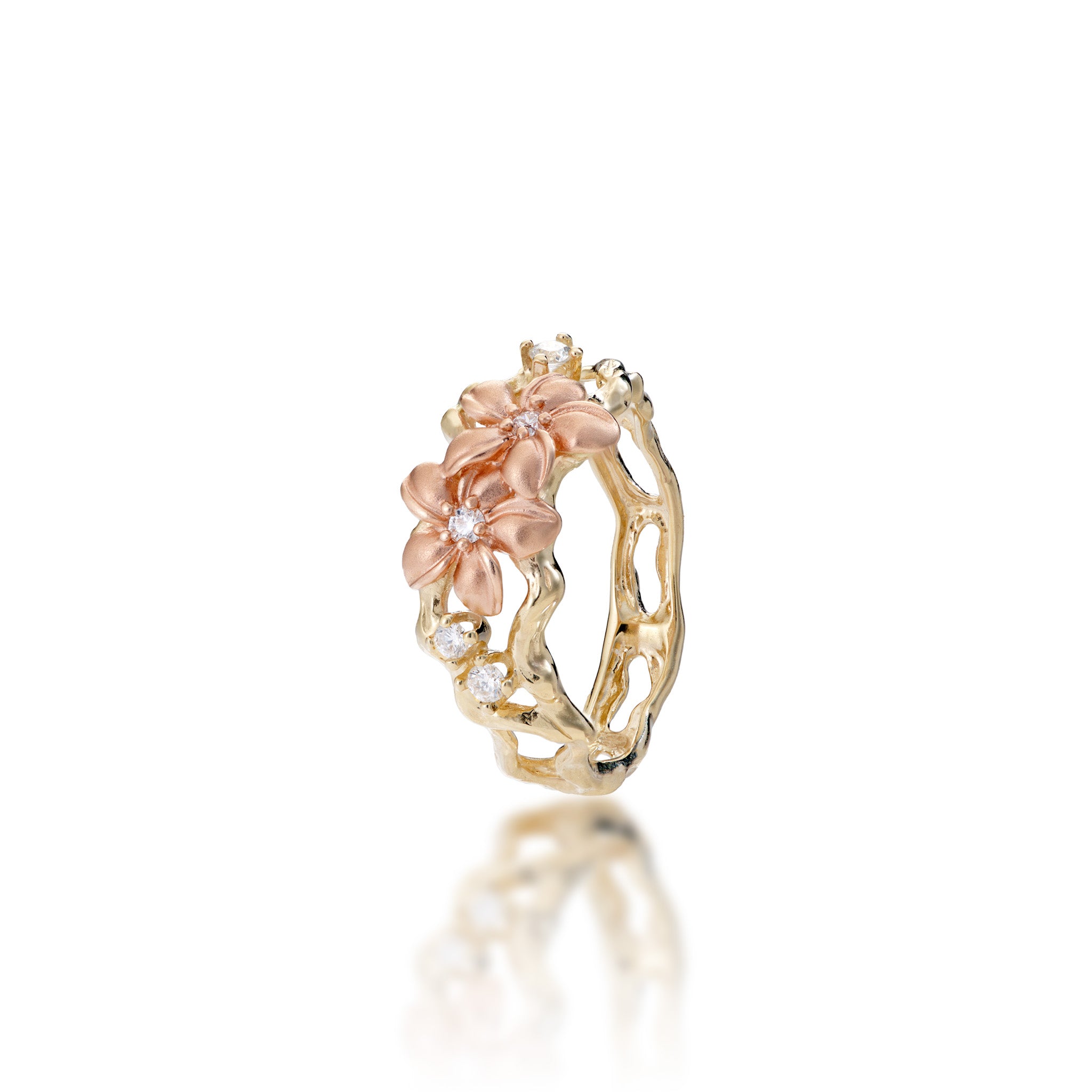 Plumeria Ring in Two Tone Gold with Diamonds - 10mm