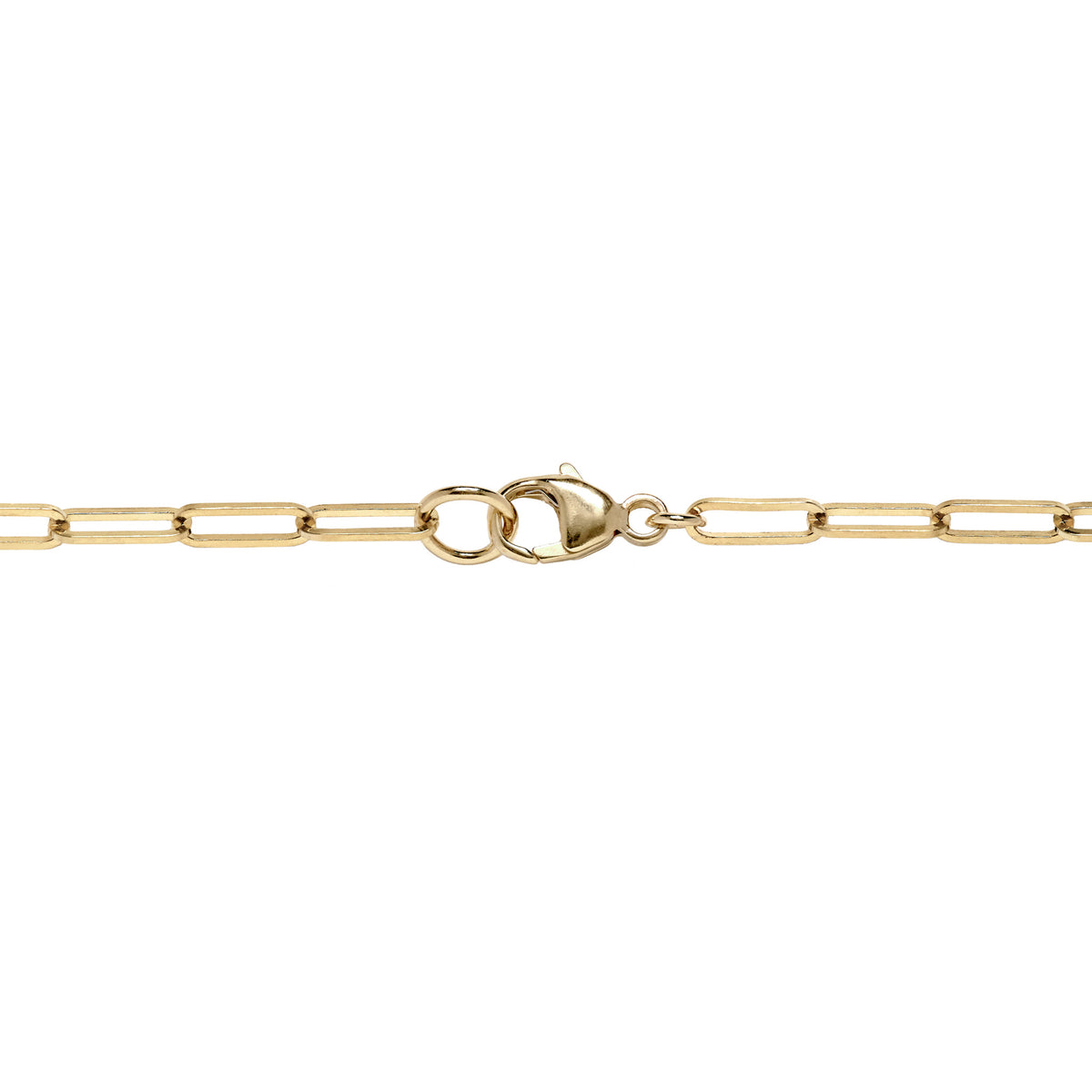 Close up of 14k yellow gold lobster clasp on a paperclip chain, placed on a white background