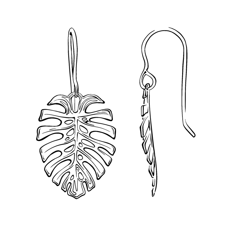 Line drawing of Monstera Shepherd's Hook Earrings