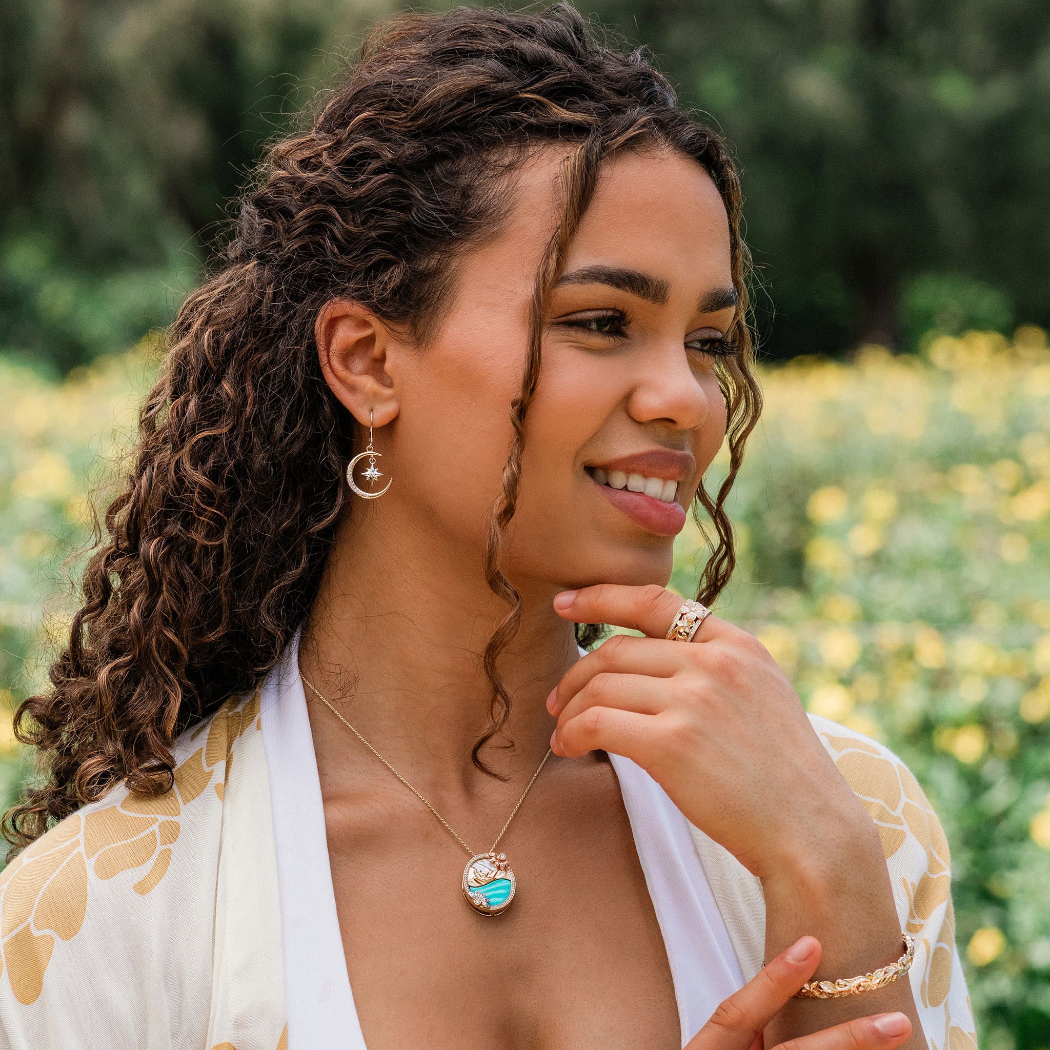 Beach & Mountain Naupaka Turquoise & Mother of Pearl Pendant in Tri Color Gold with Diamonds
