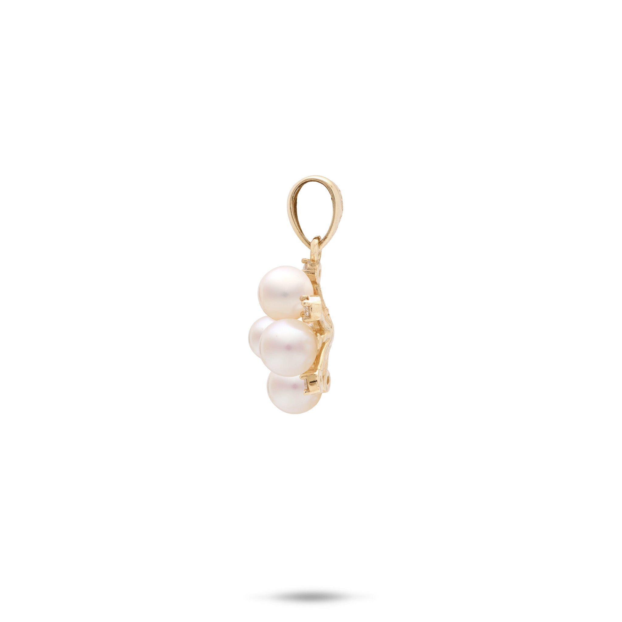 Side view of the Tiny Bubbles Freshwater White Pearl Pendant in 14k Yellow Gold with Diamonds on a white background