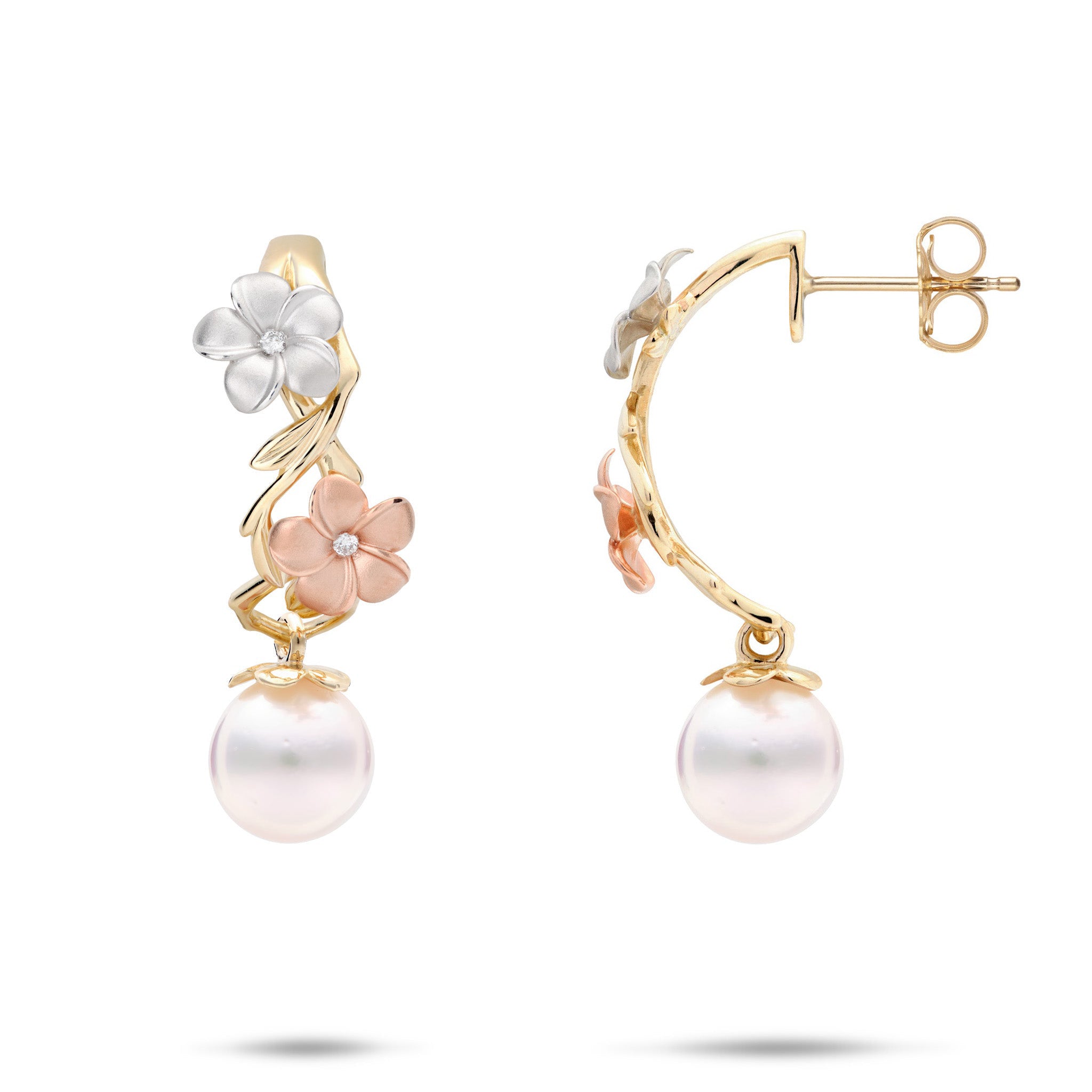 Pearls in Bloom Plumeria Akoya White Pearl Half-Hoop Earrings in Tri Color Gold with Diamonds on a white background
